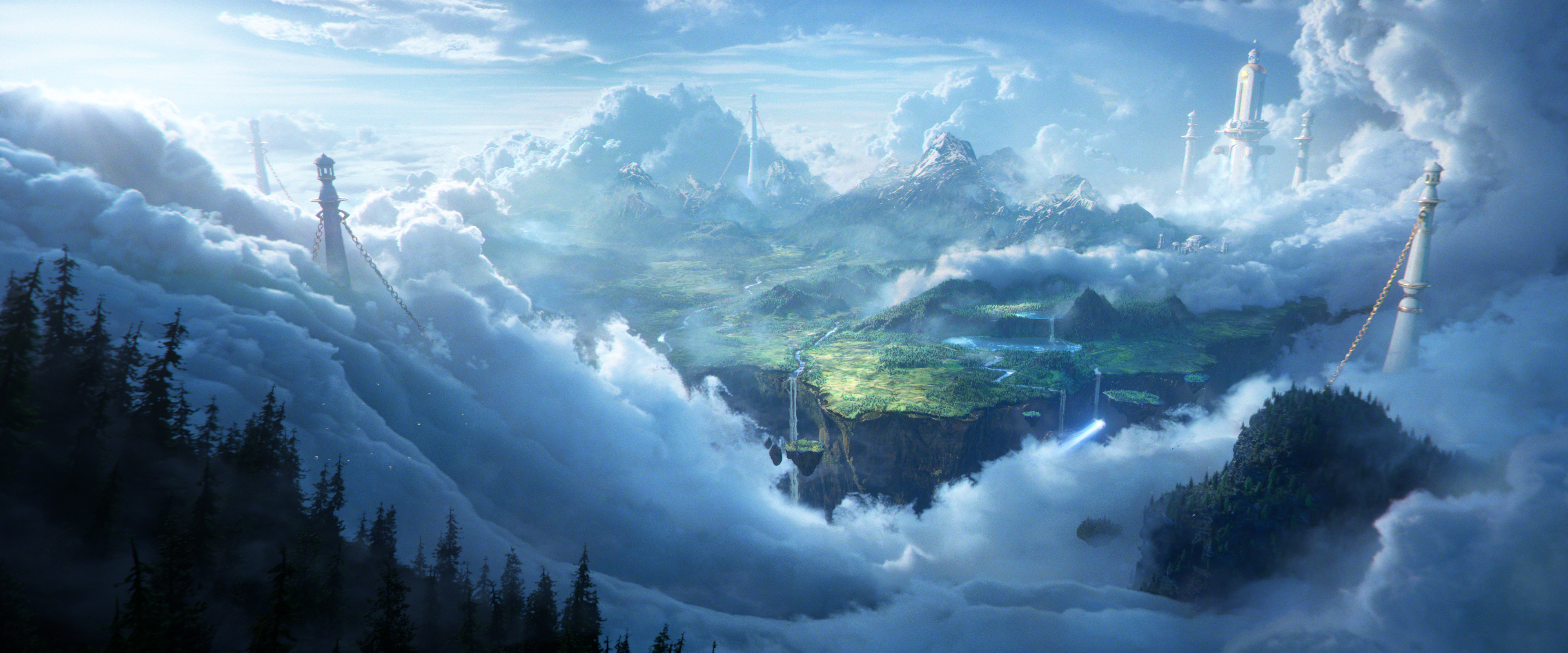 Floating islands with waterfalls and towers in clouds HD Wallpaper