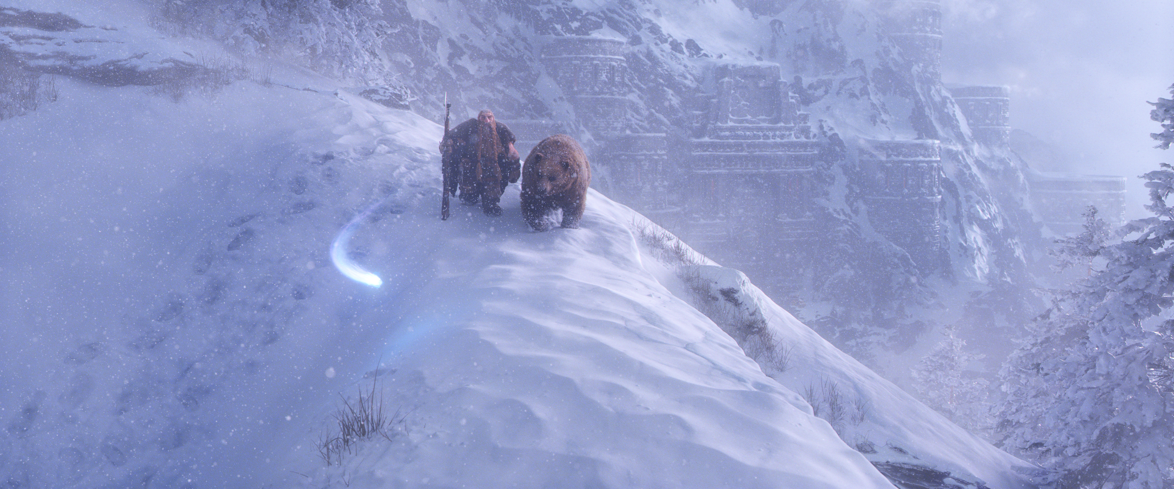 Dwarf and bear in a snowy mountain landscape HD Wallpaper
