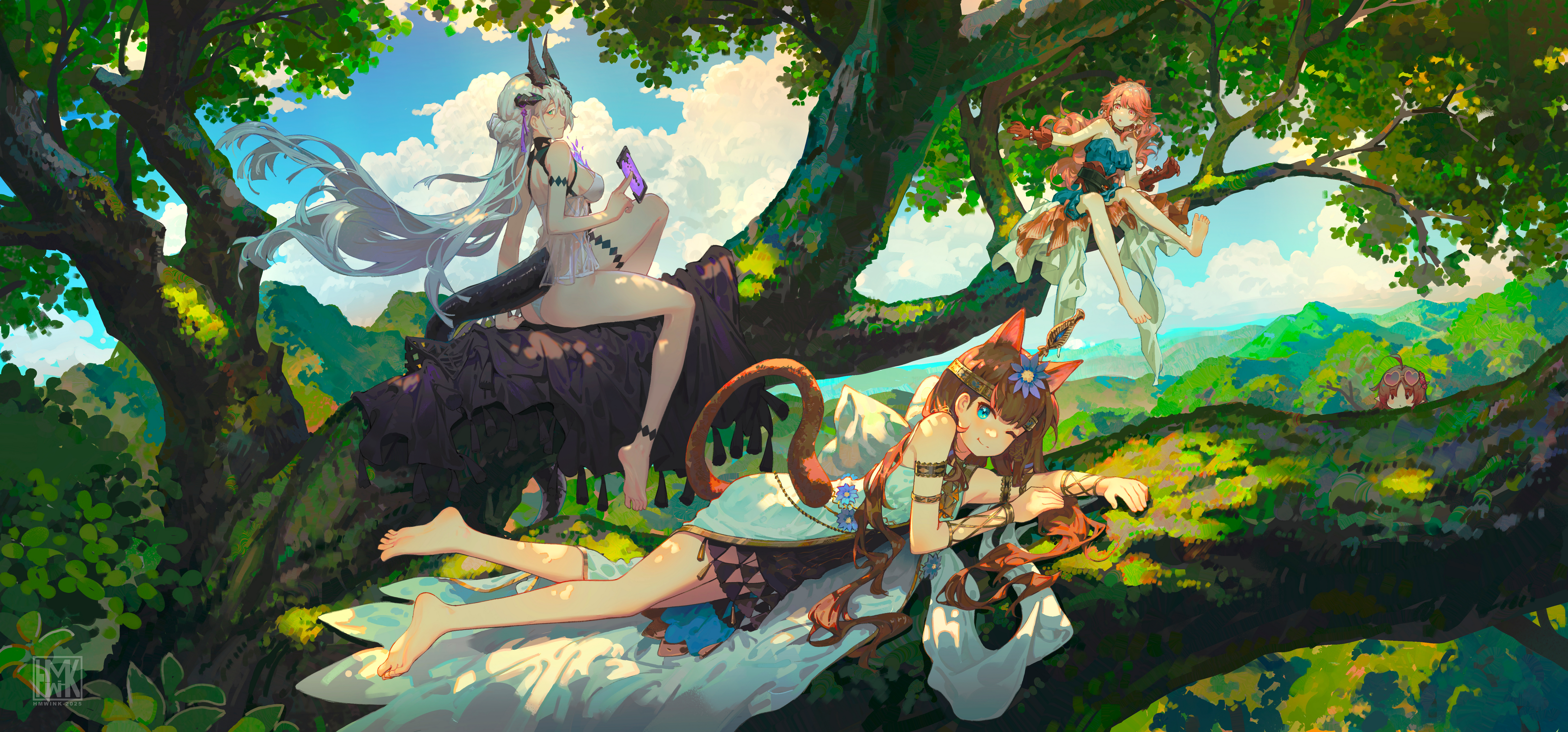 Anime girls relaxing on a large tree branch HD Wallpaper