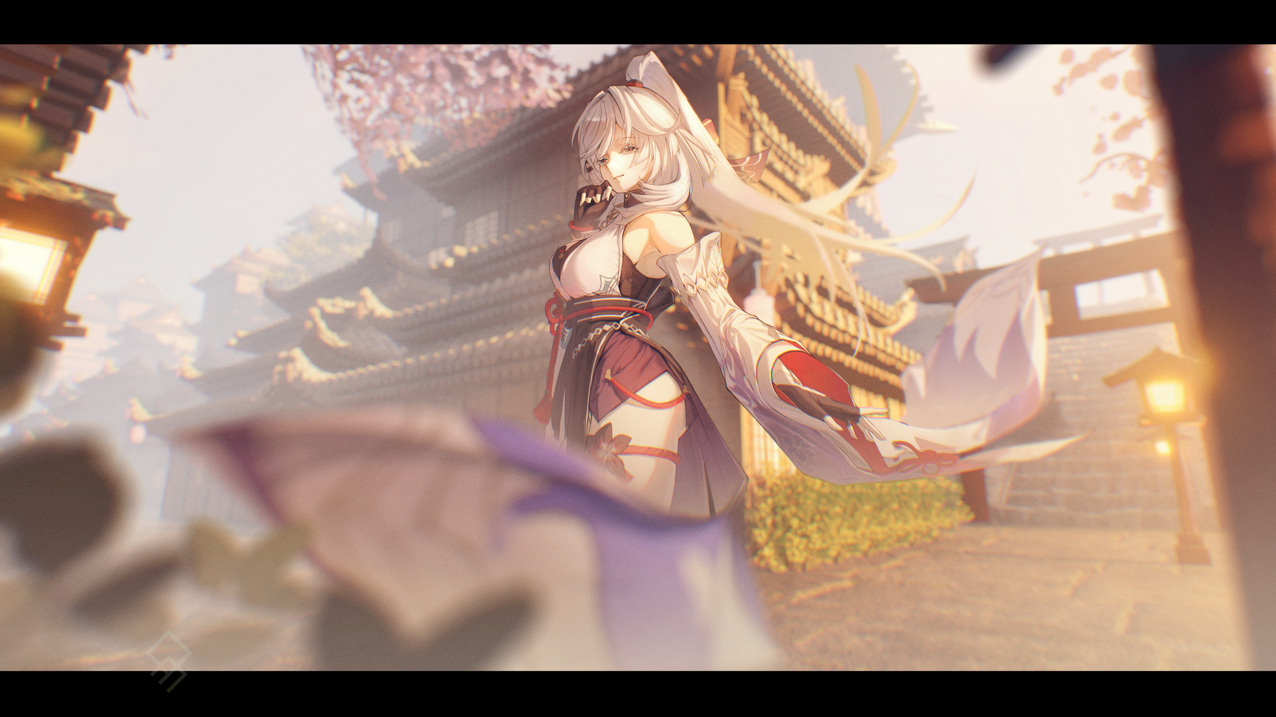 Anime girl in traditional Japanese attire near temple HD Wallpaper