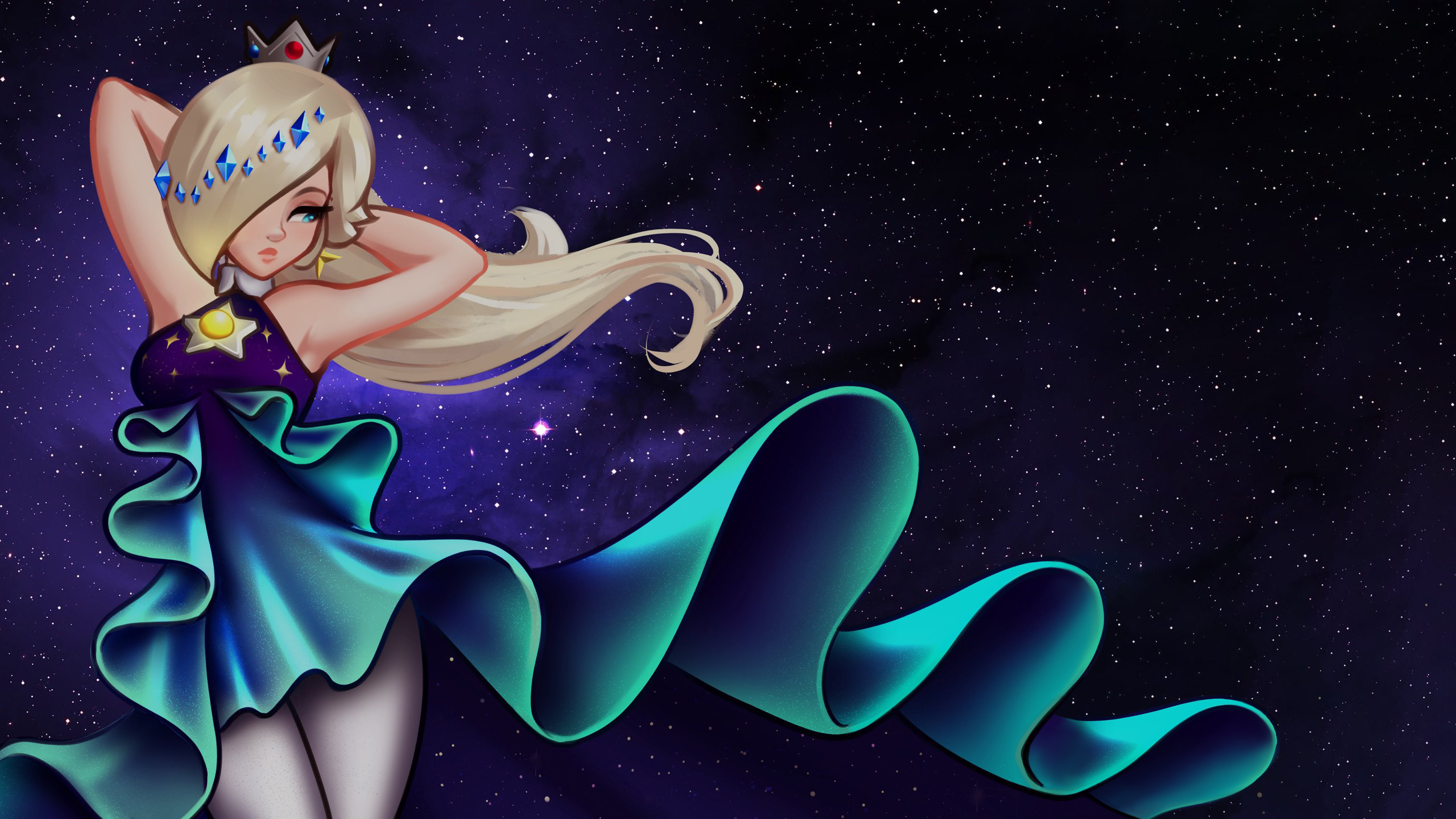 Rosalina in a starry dress against a cosmic background HD Wallpaper