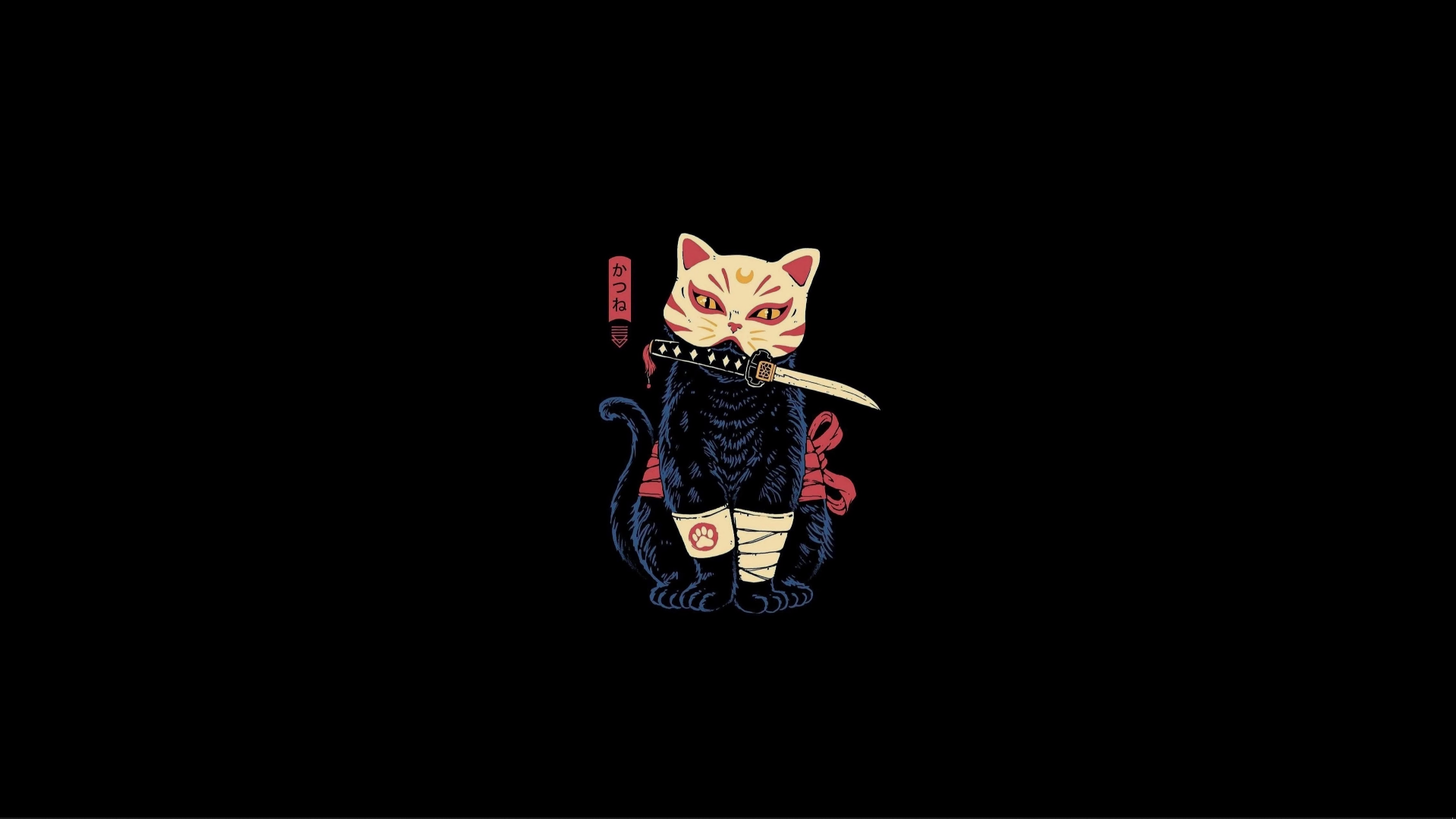 Samurai Cat with Katana and Kitsune Mask HD Wallpaper
