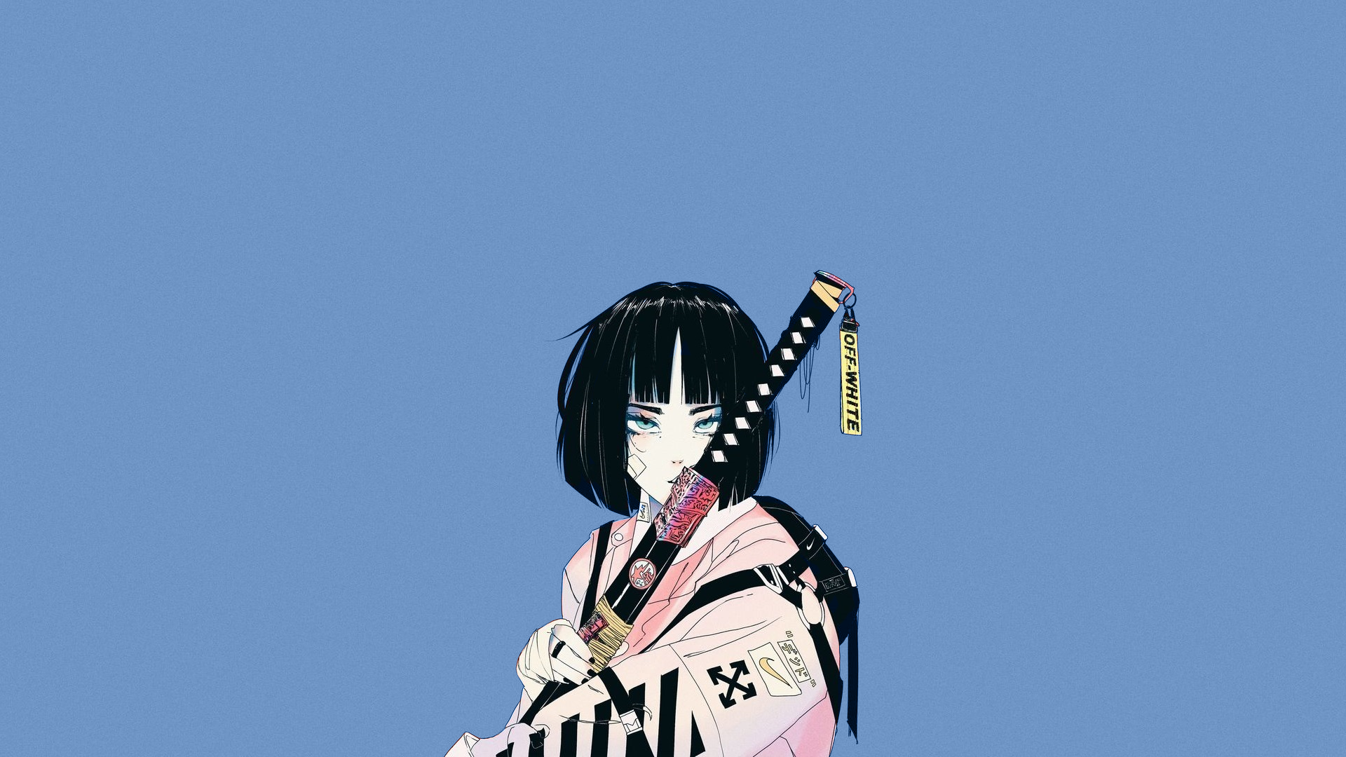 Anime girl with katana and Off-White tag HD Wallpaper