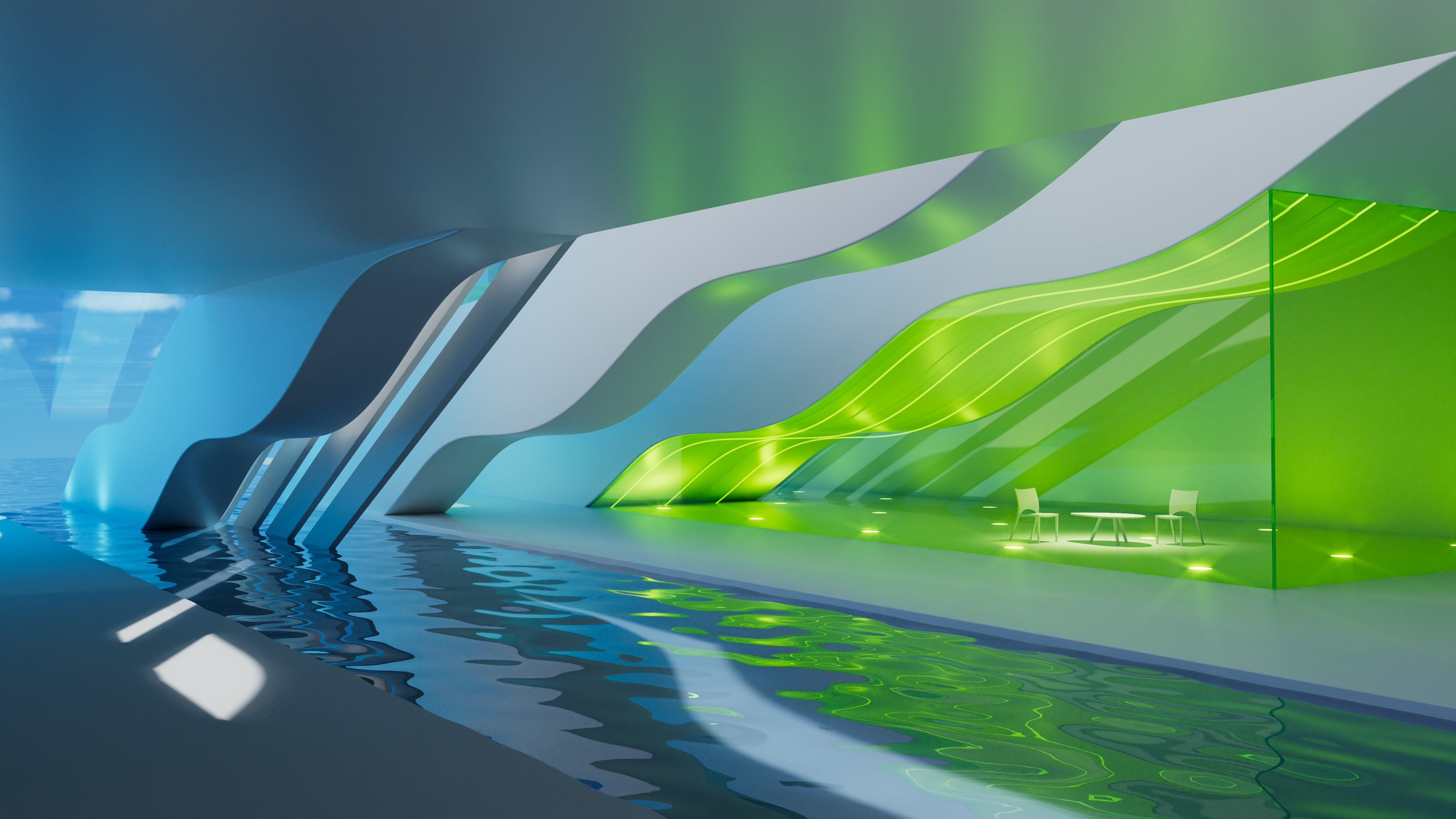 Futuristic architectural interior with water feature HD Wallpaper