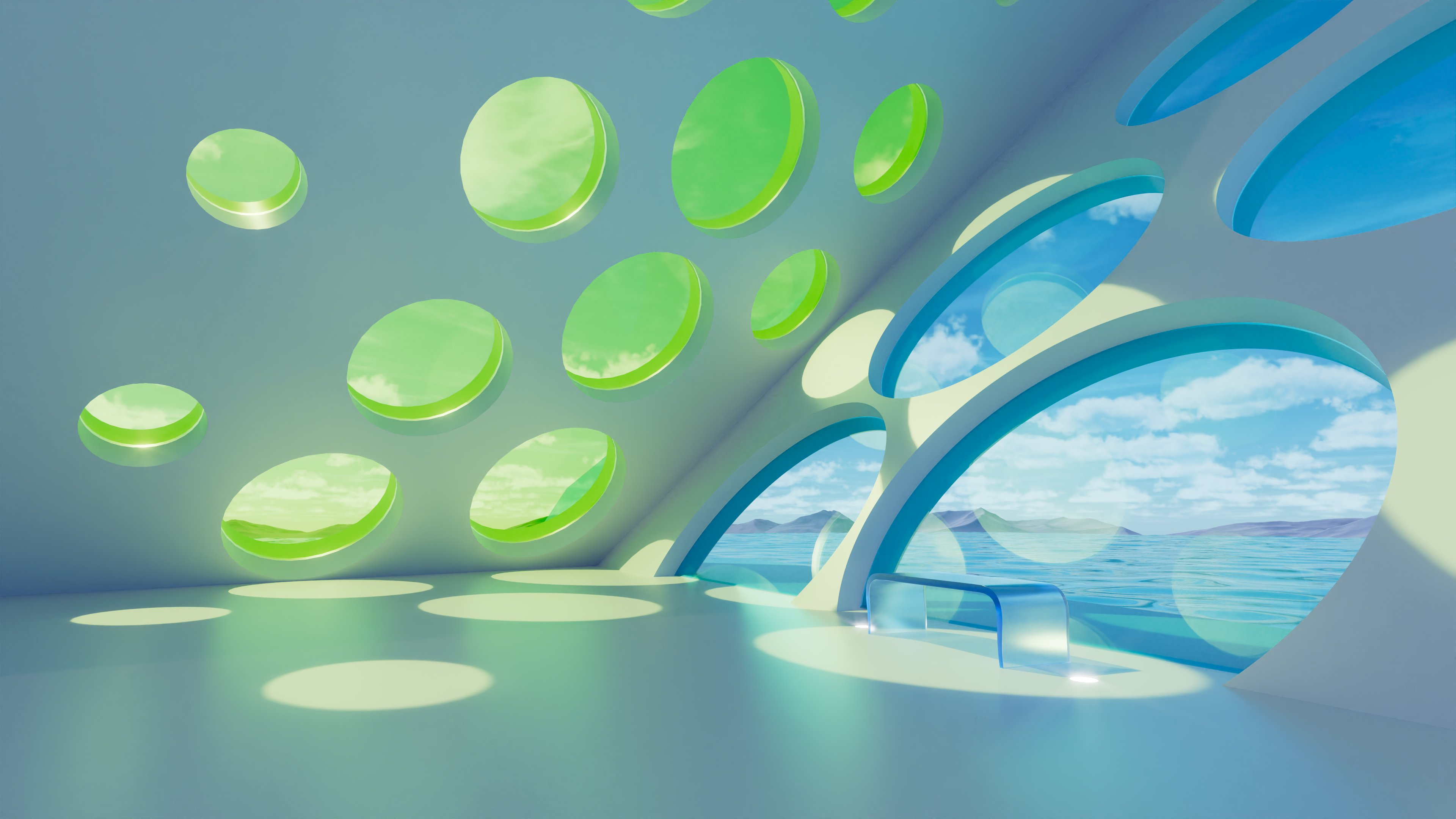 Futuristic interior with circular windows overlooking the ocean HD Wallpaper