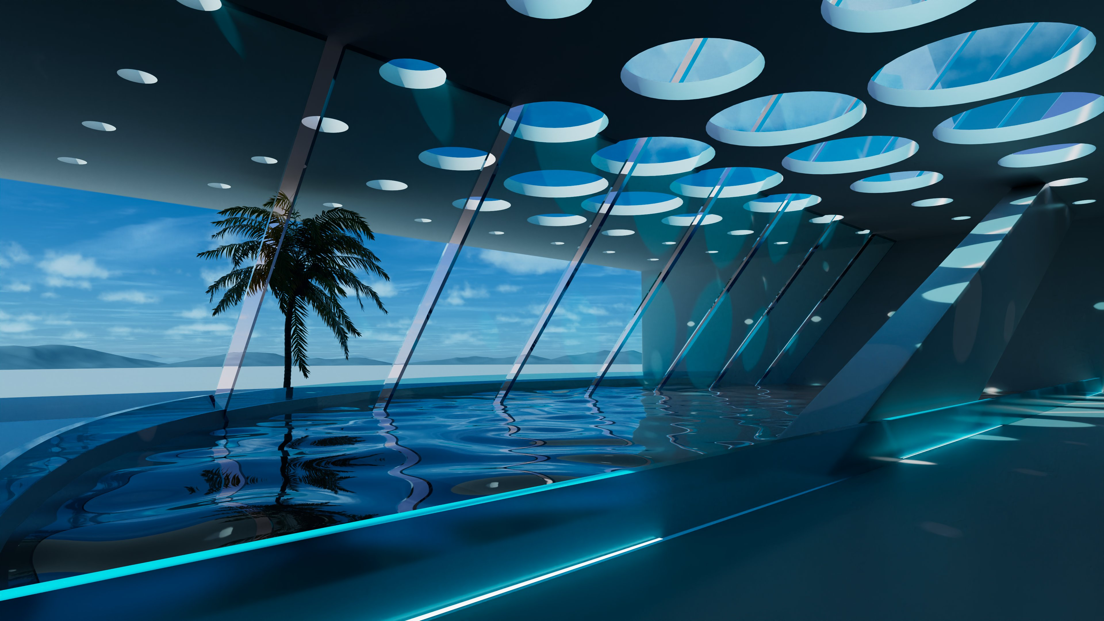 Modern futuristic interior with pool and palm tree view HD Wallpaper