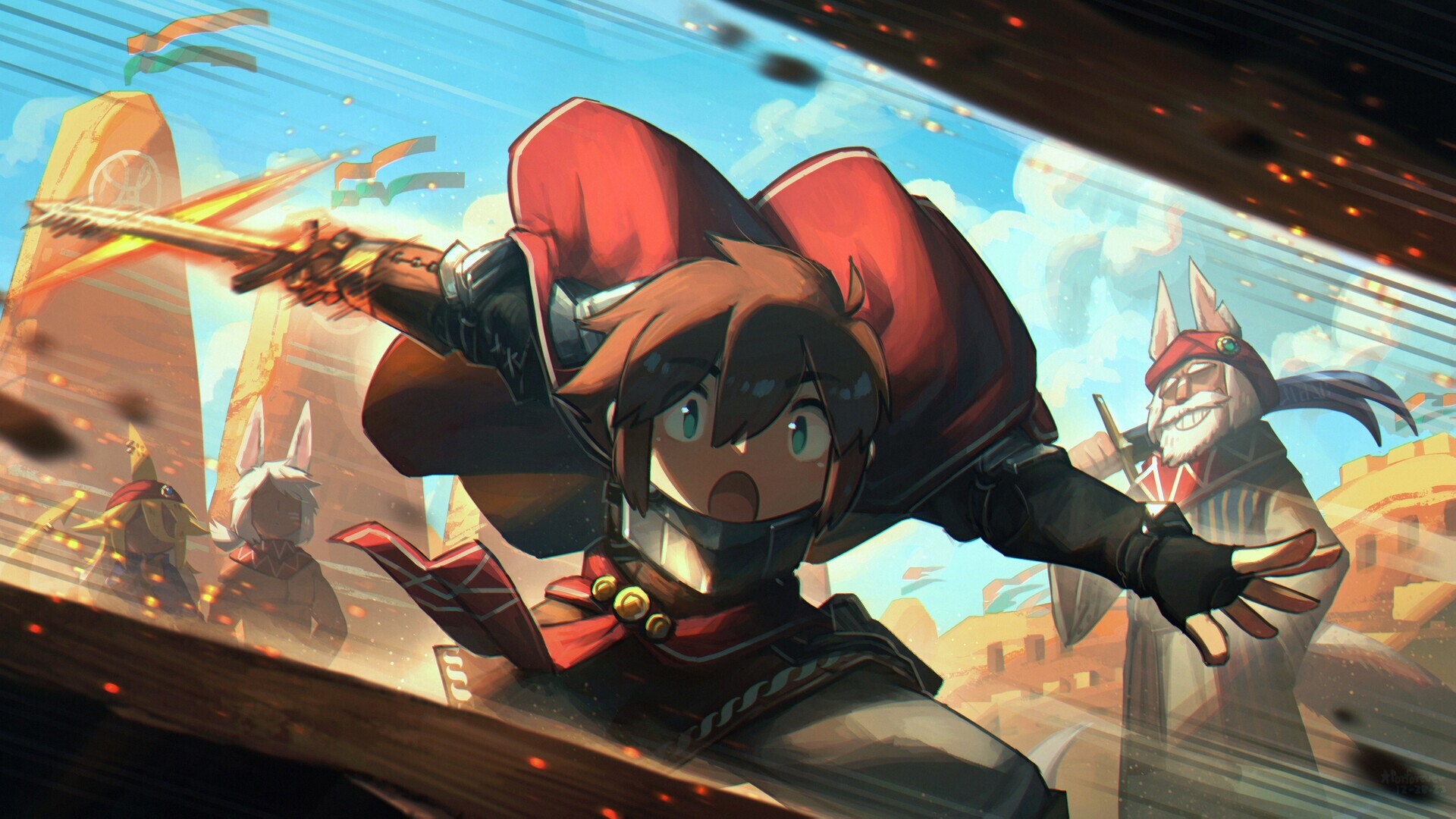 Anime characters in a desert battle with a sword HD Wallpaper