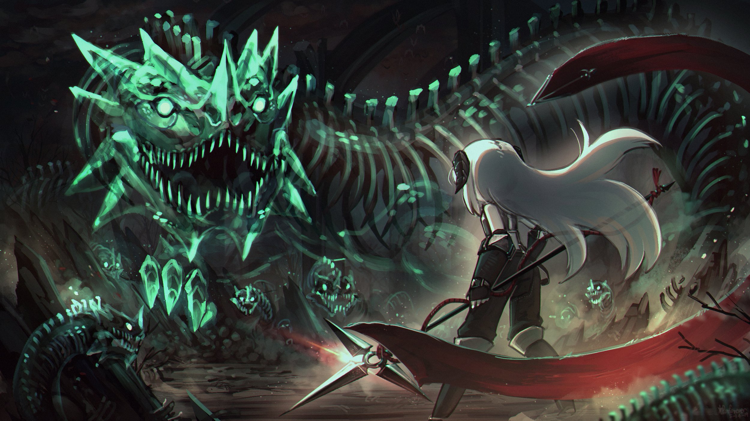 Anime Girl Fights Undead Dragon in Dark Fantasy Realm HD Wallpaper
