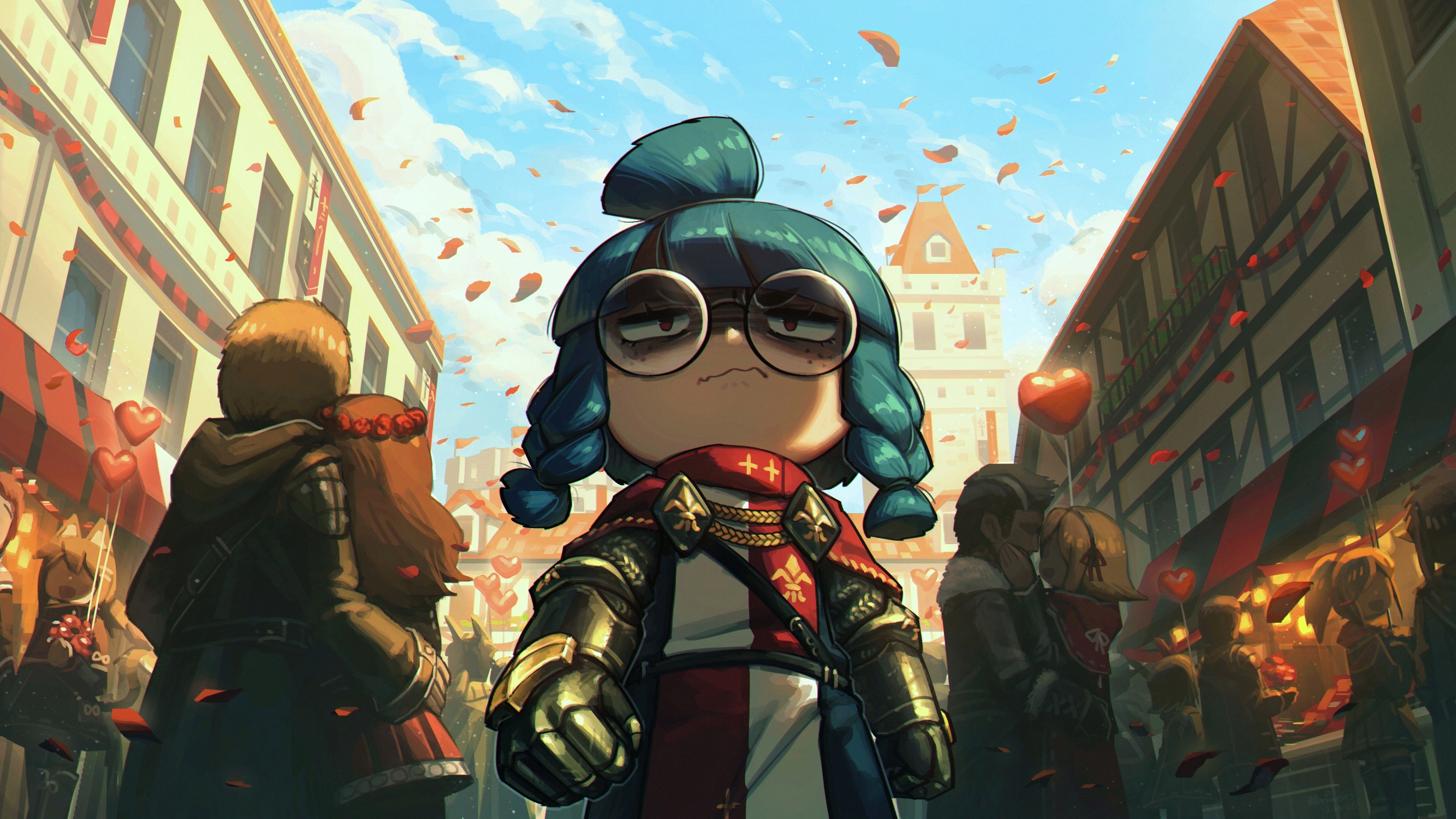 Chibi Knight in a Festive Town Square HD Wallpaper