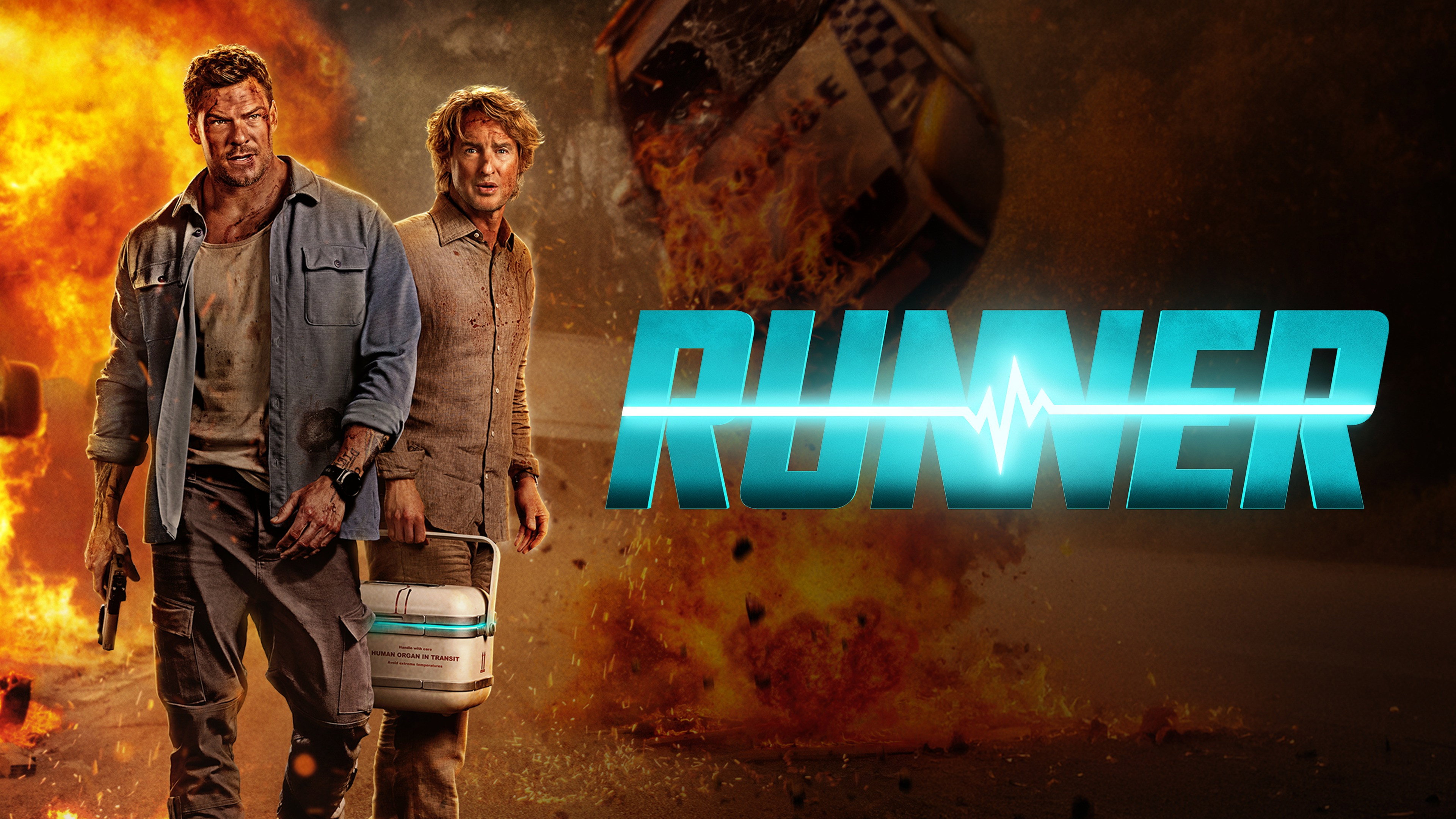 Two men with a medical cooler in front of an explosion HD Wallpaper