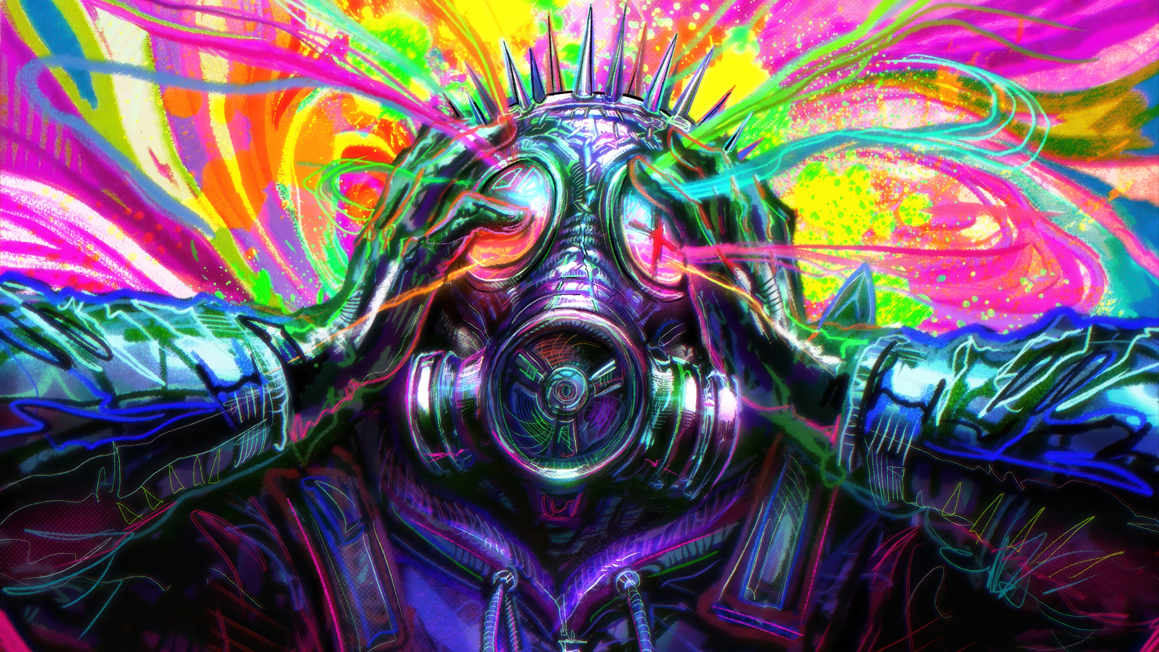 Person in gas mask with spikes and colorful abstract background HD Wallpaper