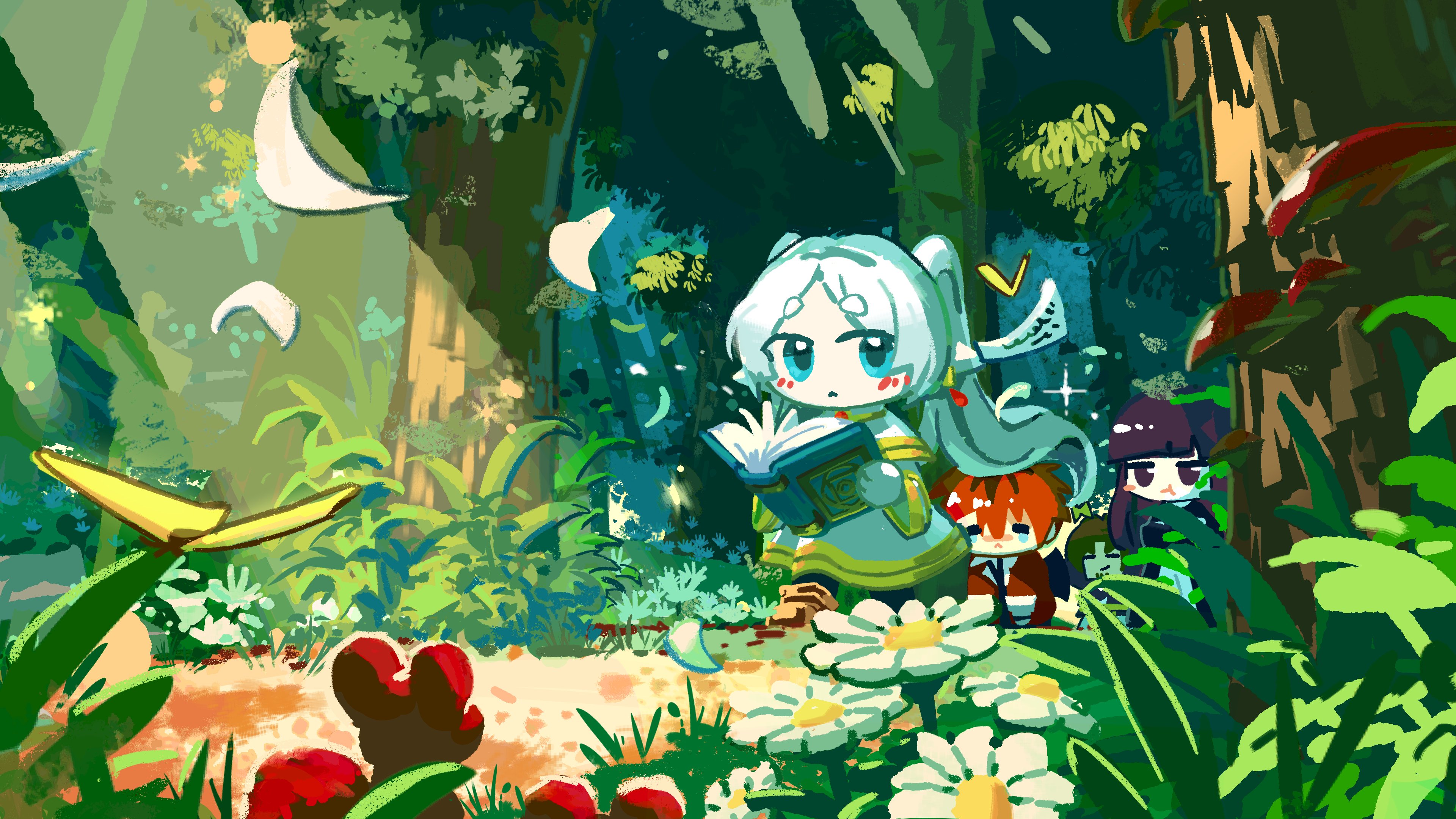 Anime characters reading in a magical forest HD Wallpaper