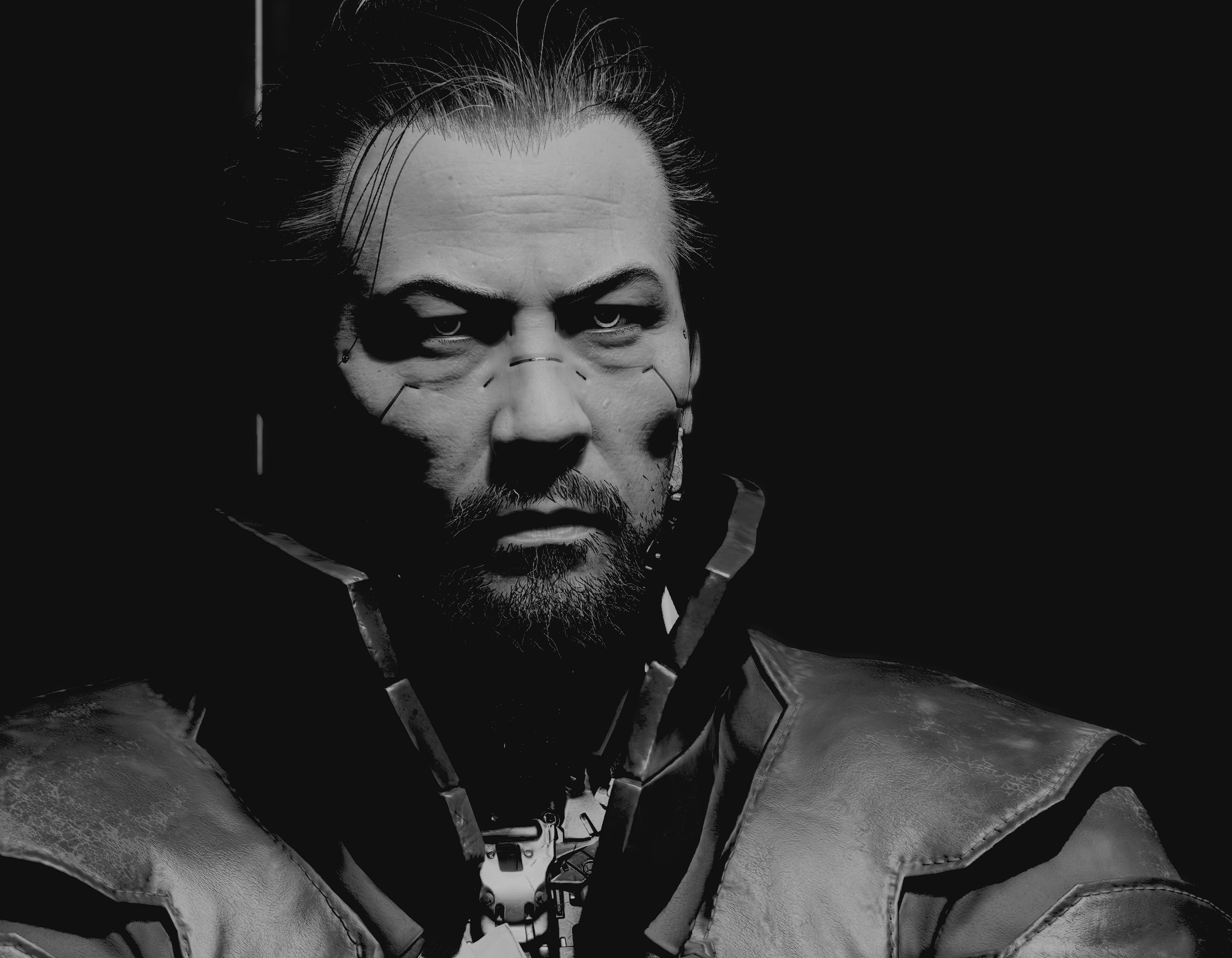 Man with cybernetic implants in black and white HD Wallpaper