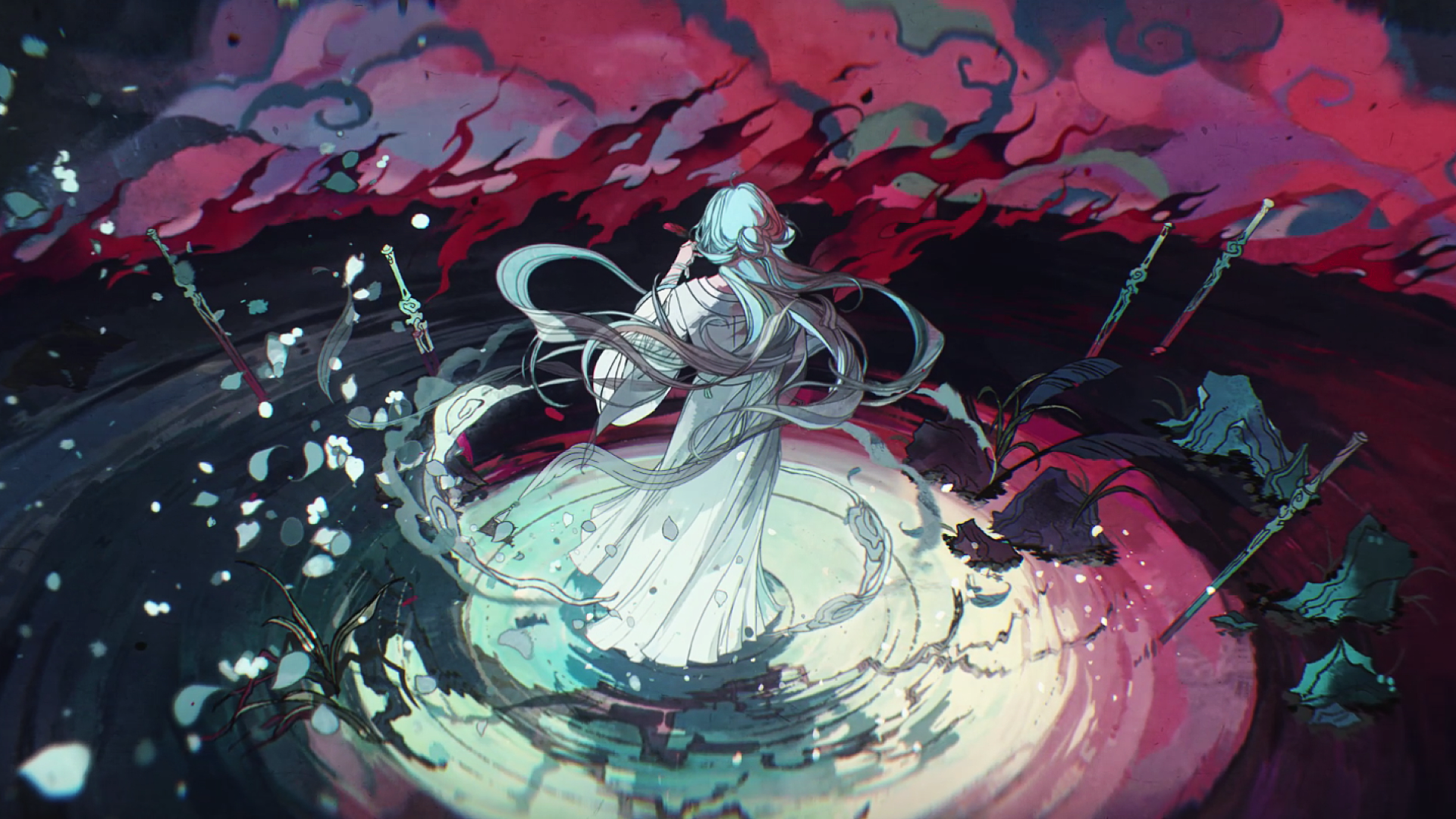 Anime girl with swords and swirling energy HD Wallpaper