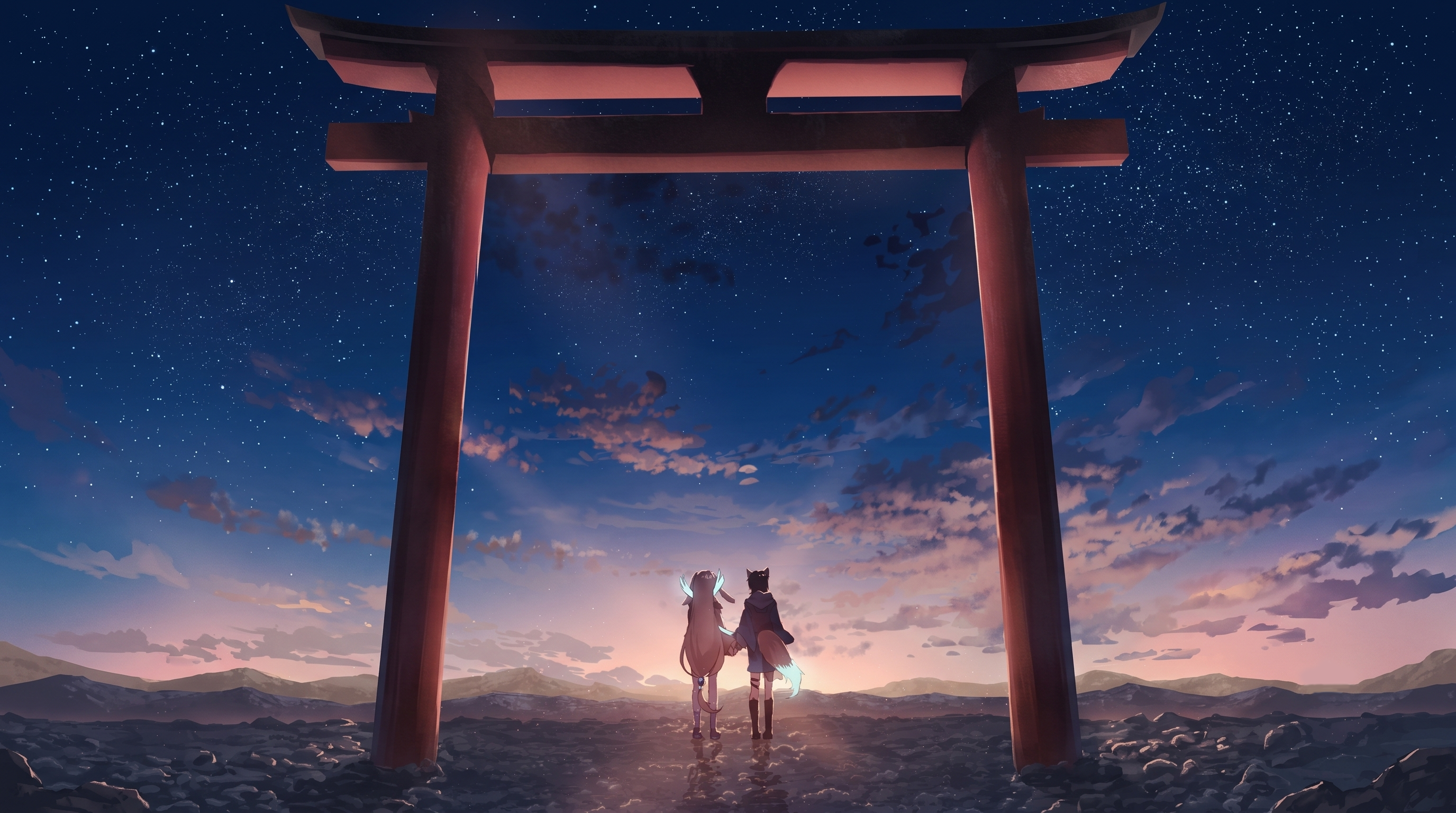 Two figures stand under a torii gate at sunset HD Wallpaper