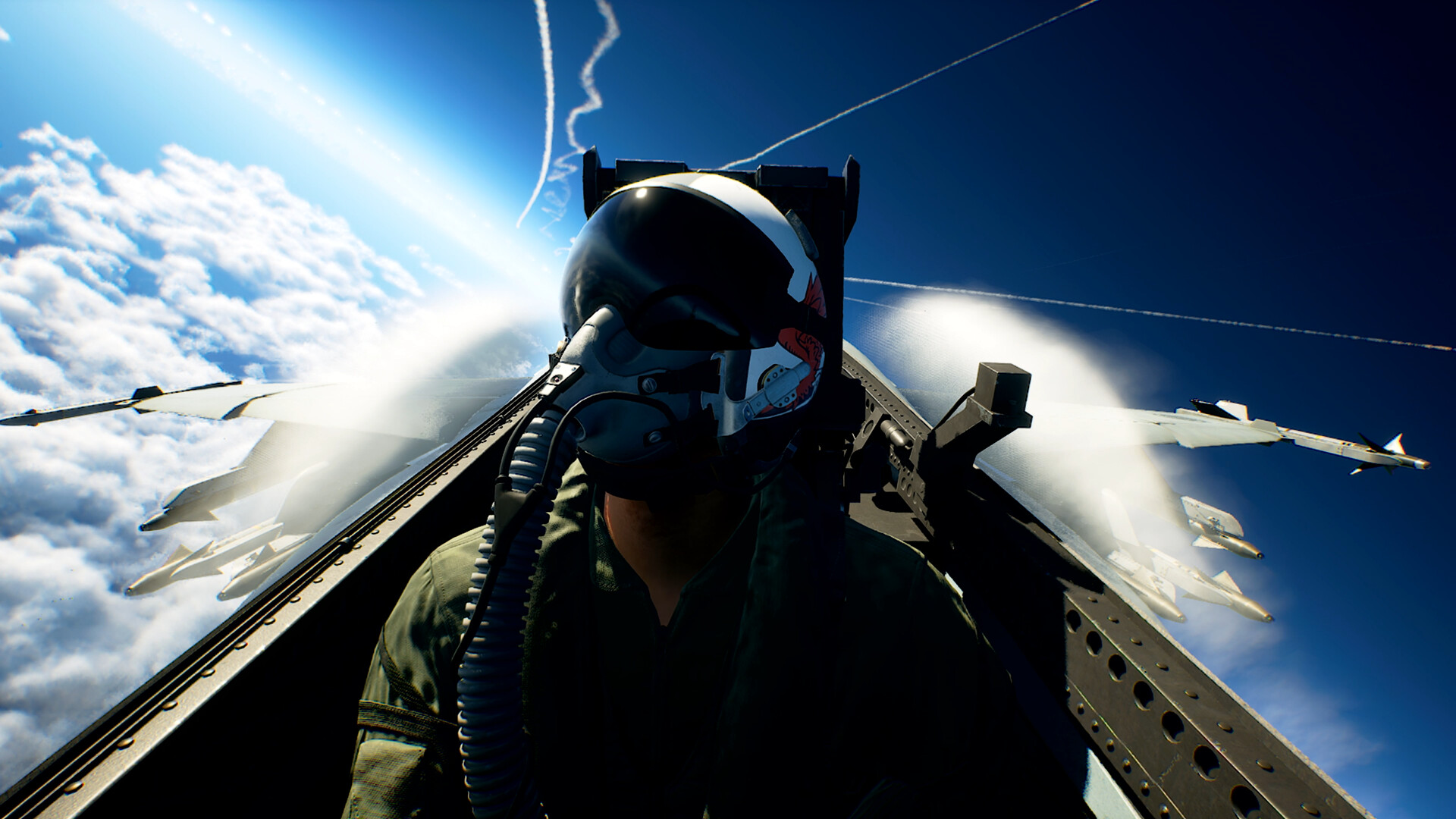 Pilot in cockpit with fighter jets in formation HD Wallpaper
