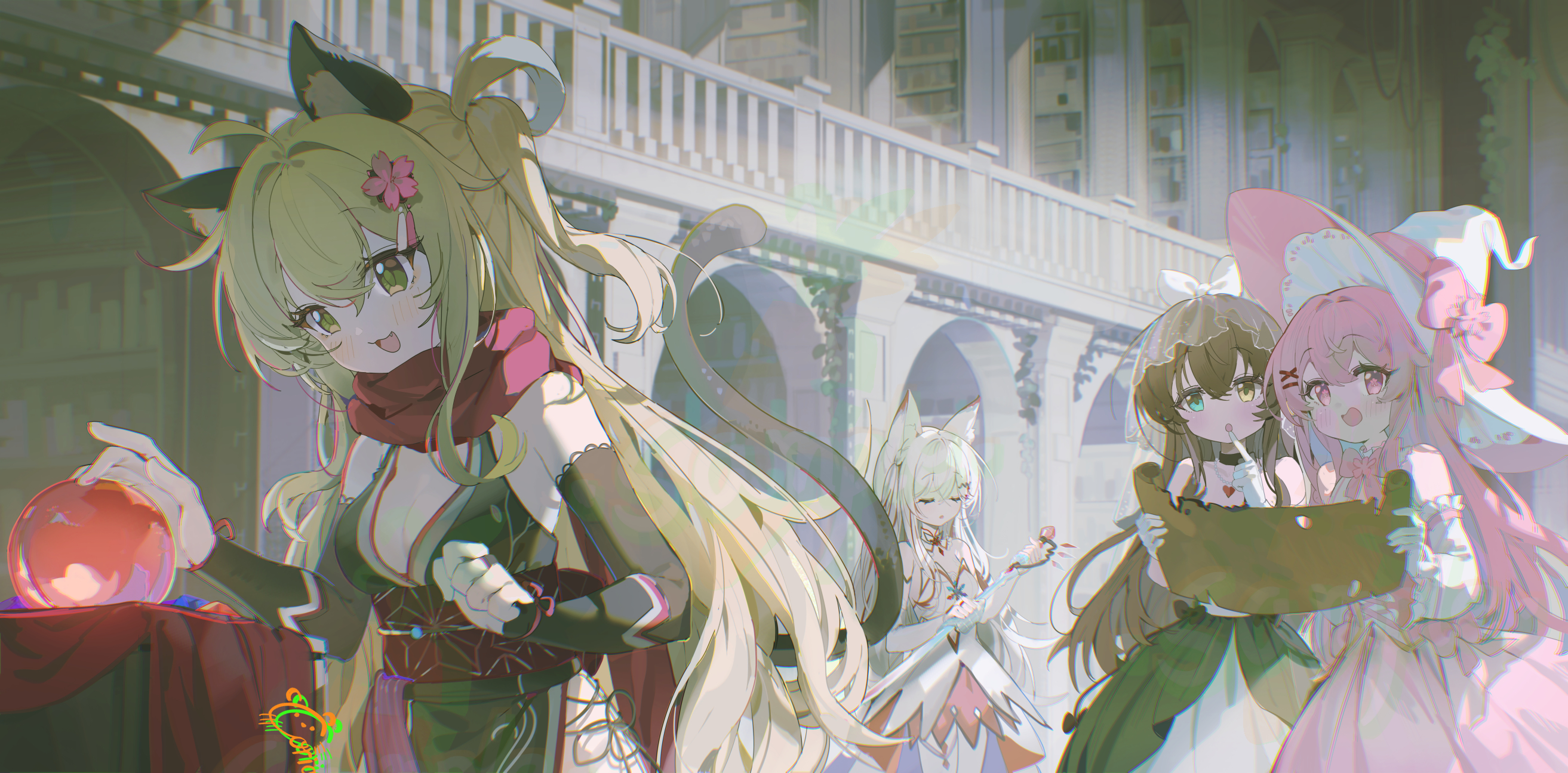 Anime girls with animal ears in a library HD Wallpaper