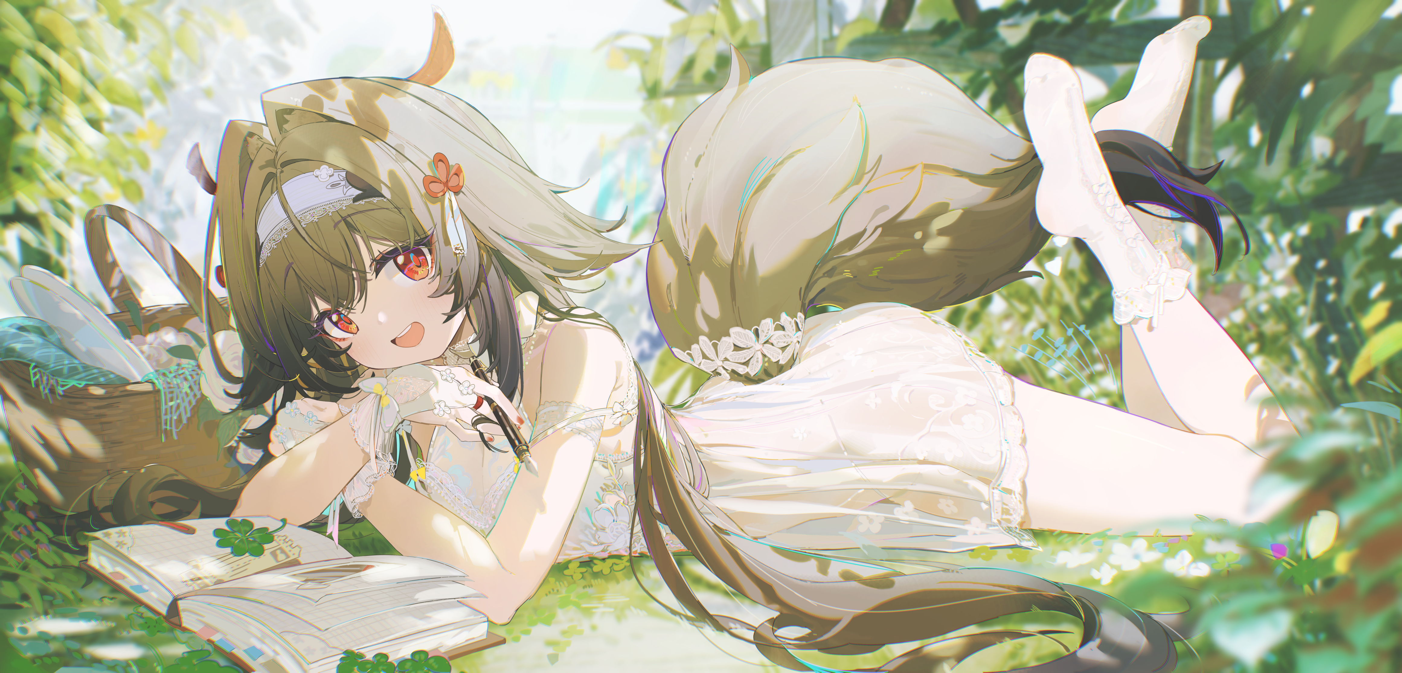 Anime girl with cow ears reading a book in nature HD Wallpaper
