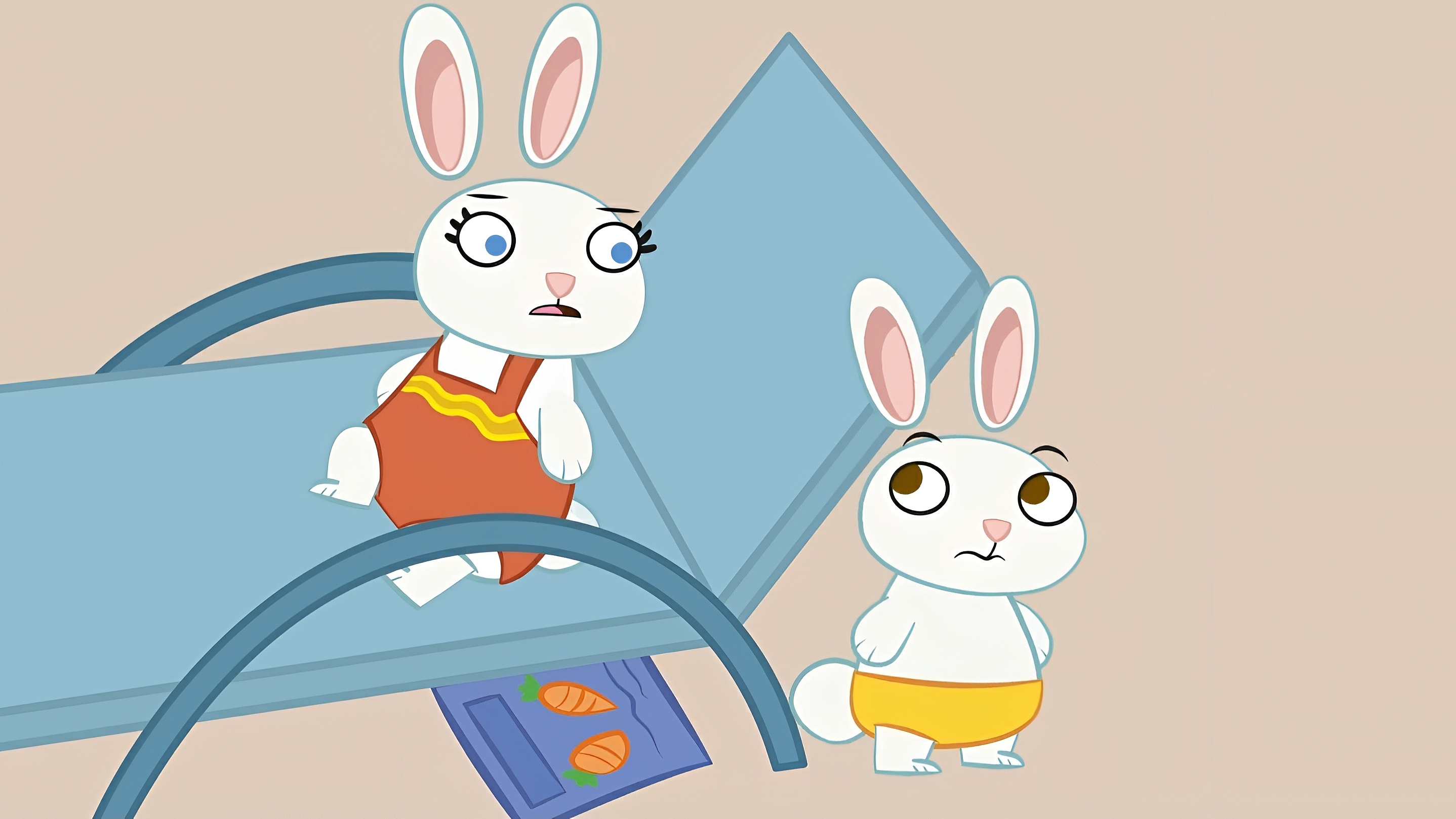 Two cartoon rabbits on a blue surface with carrots HD Wallpaper