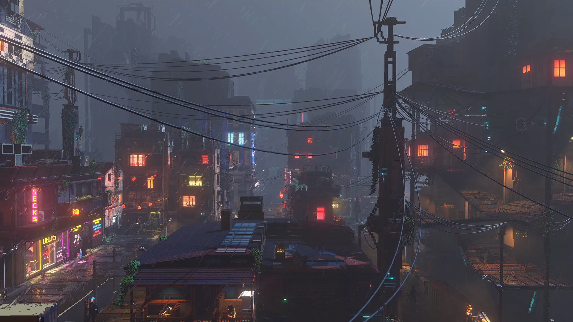 Rainy cyberpunk city street with neon signs HD Wallpaper