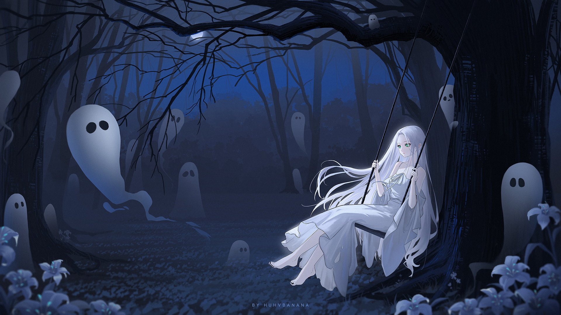 Girl on swing with ghosts in a dark forest HD Wallpaper