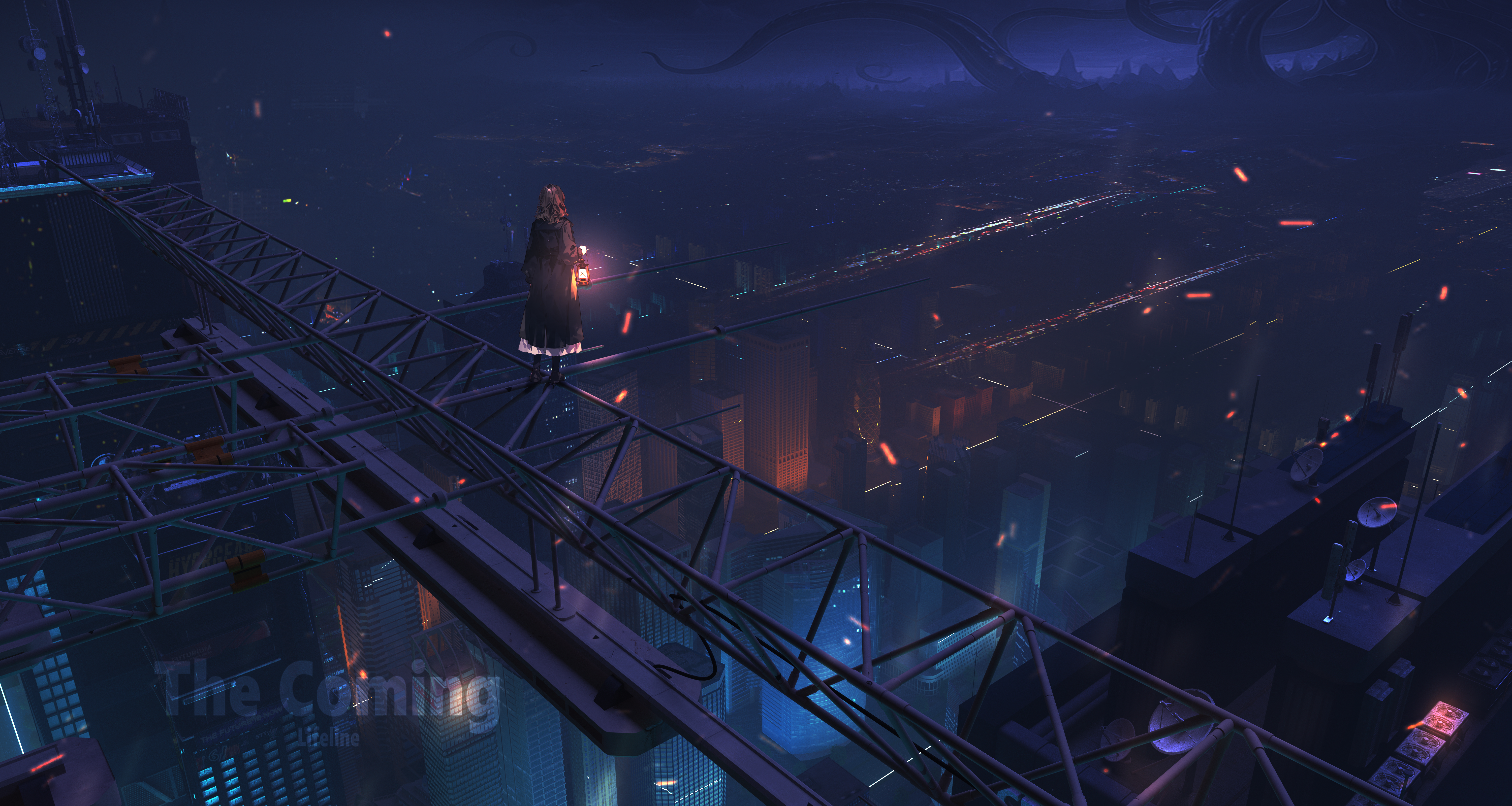 Girl with lantern overlooking a futuristic city at night HD Wallpaper