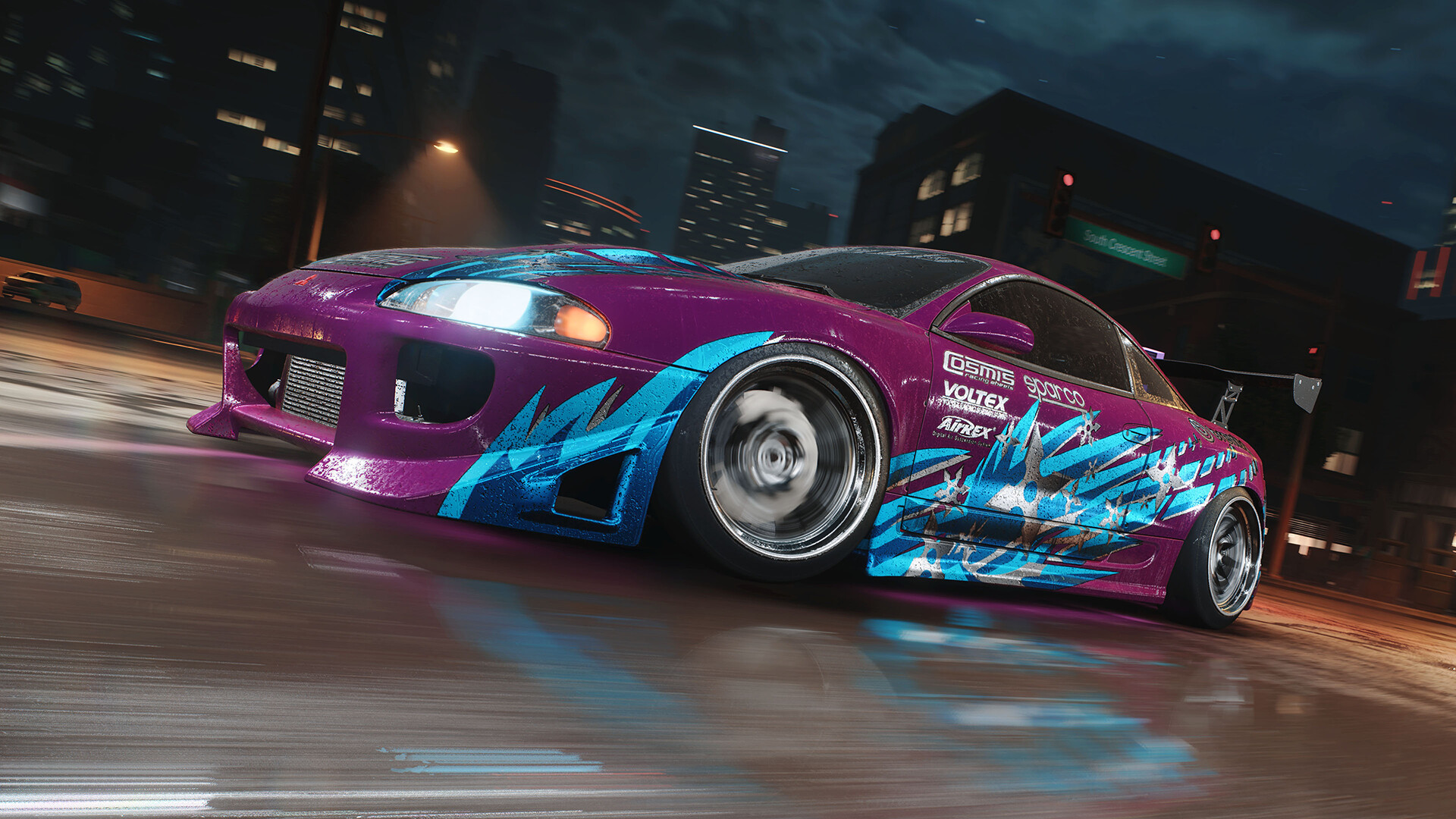 Customized purple sports car driving at night HD Wallpaper