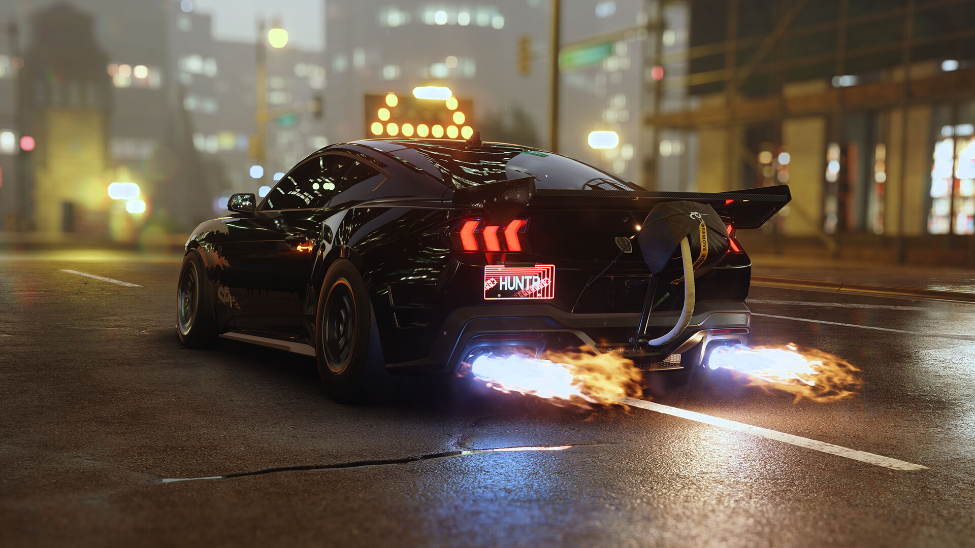 Black Mustang with flames coming out of exhaust HD Wallpaper