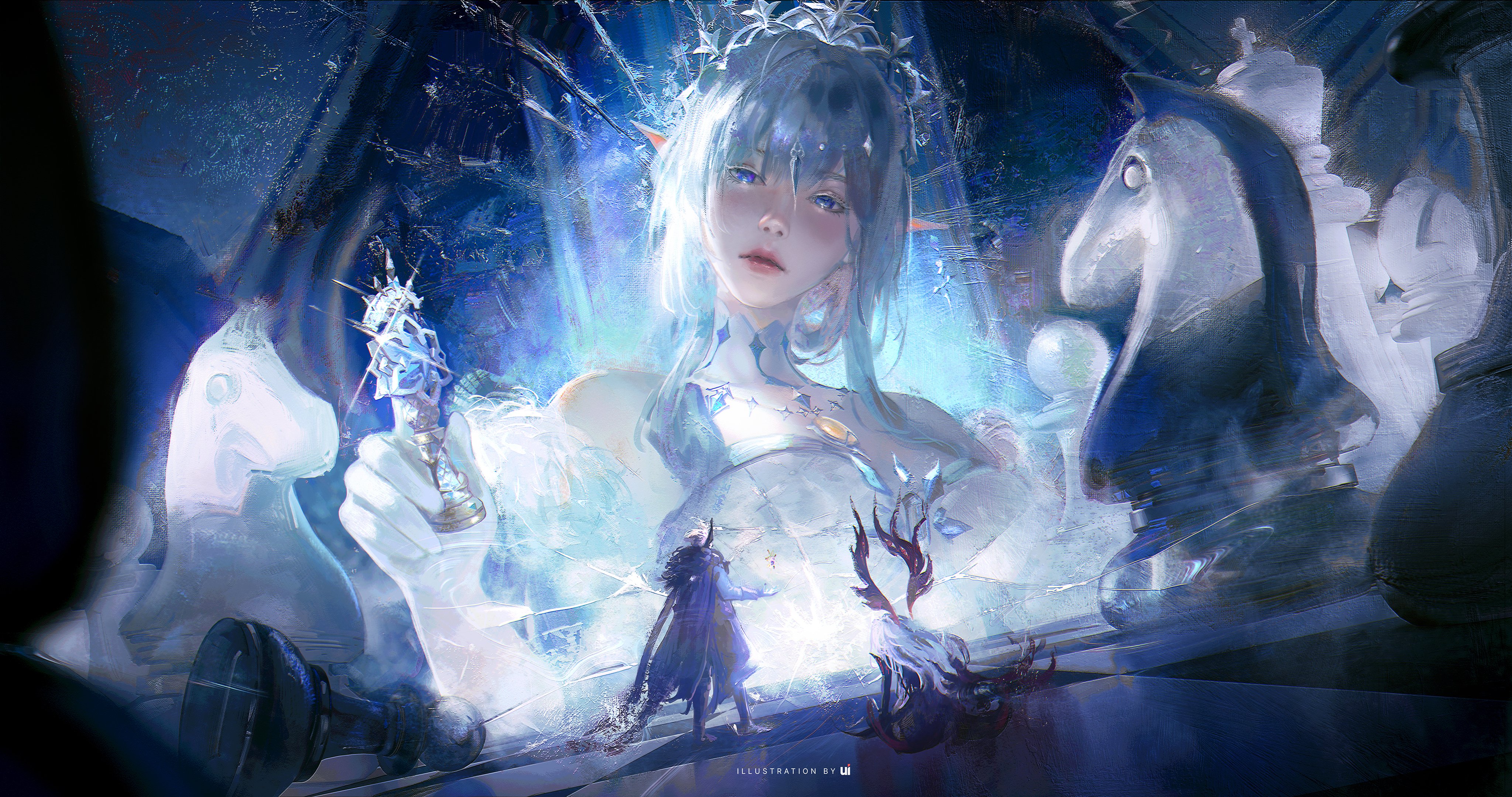 Chess game with fantasy characters and ice queen HD Wallpaper