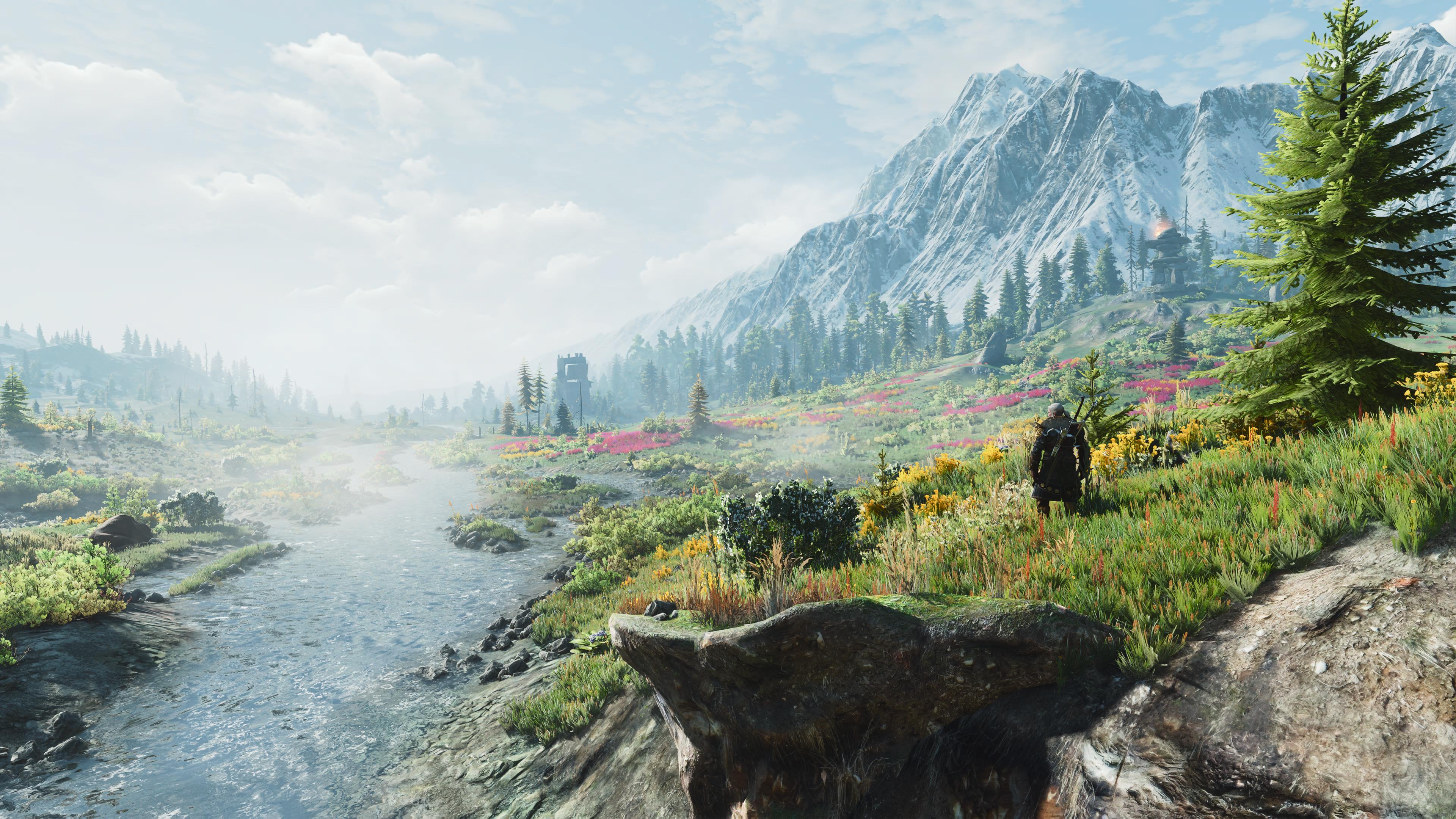 Geralt of Rivia in a mountain landscape HD Wallpaper