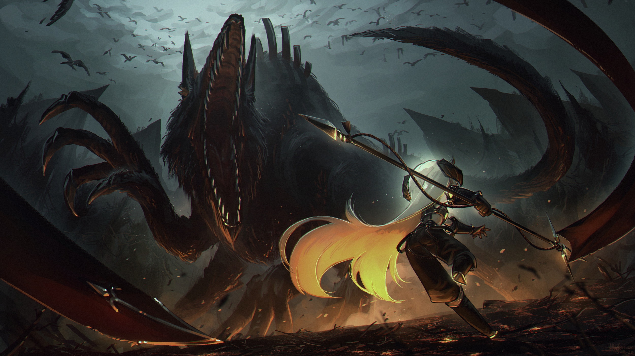 Girl fighting a giant monster with a spear HD Wallpaper