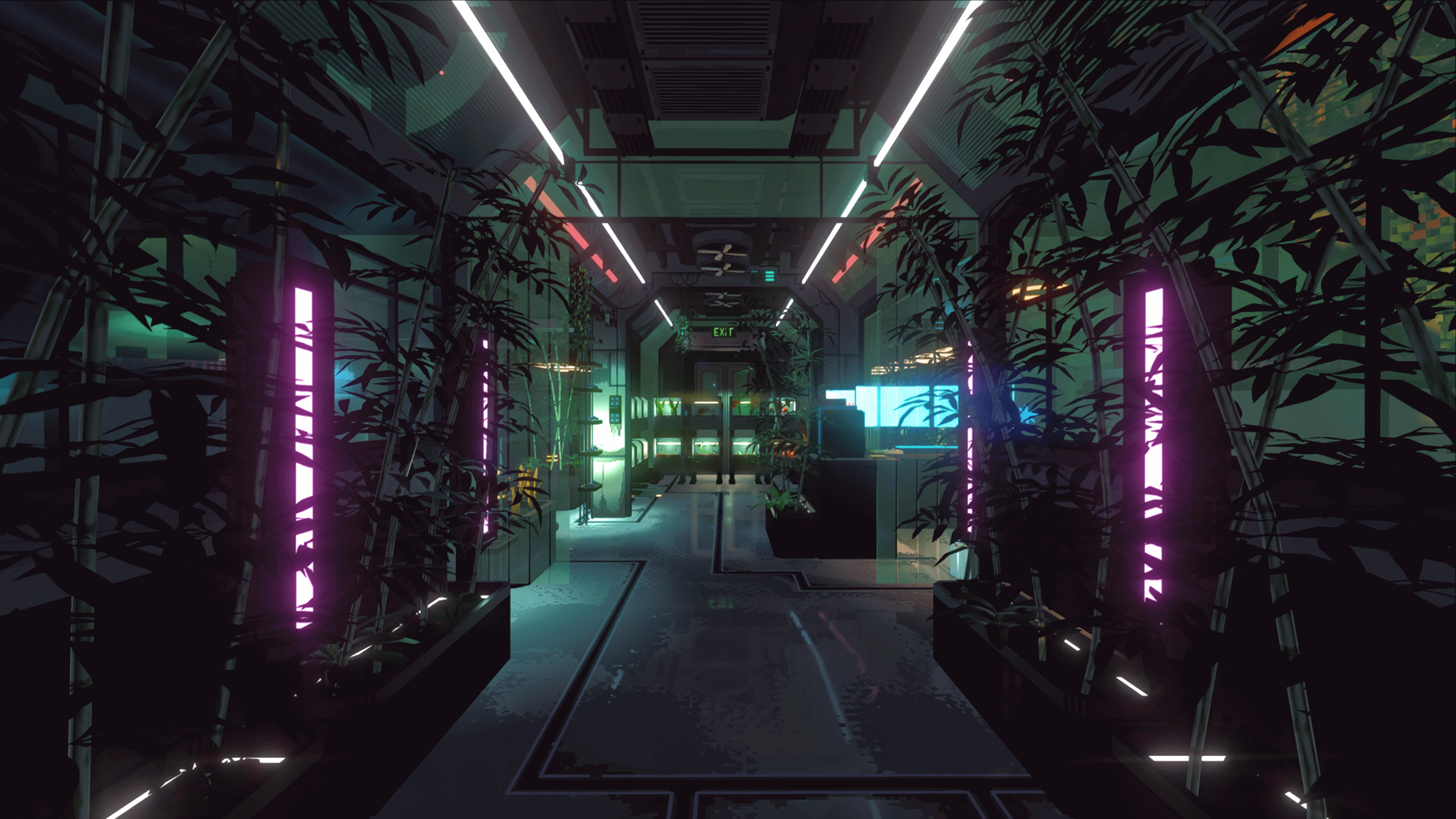 Futuristic interior with plants and neon lights HD Wallpaper
