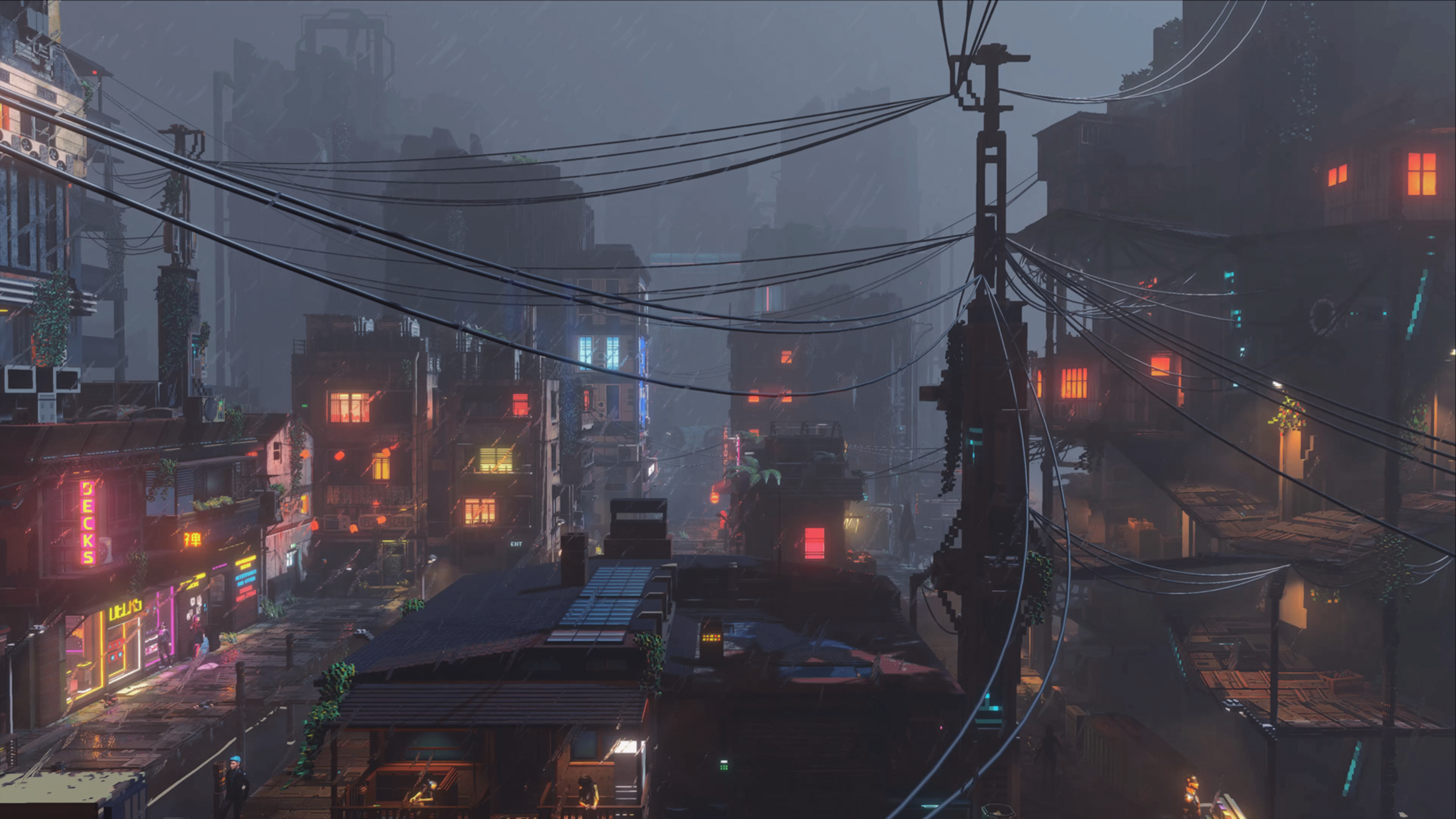 Cyberpunk city street at night with rain and neon lights HD Wallpaper
