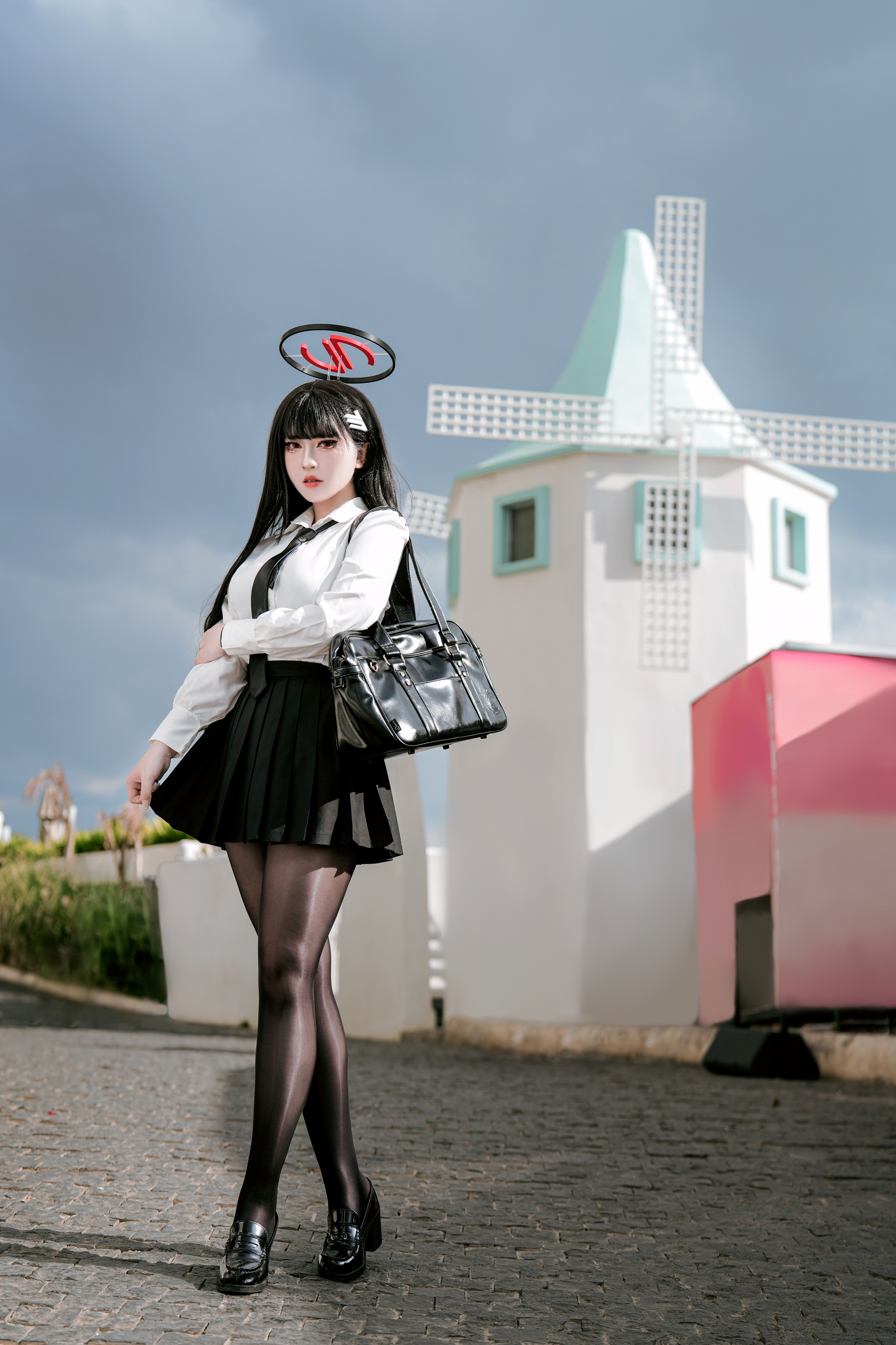 Anime Girl in School Uniform with Halo and Windmill HD Wallpaper
