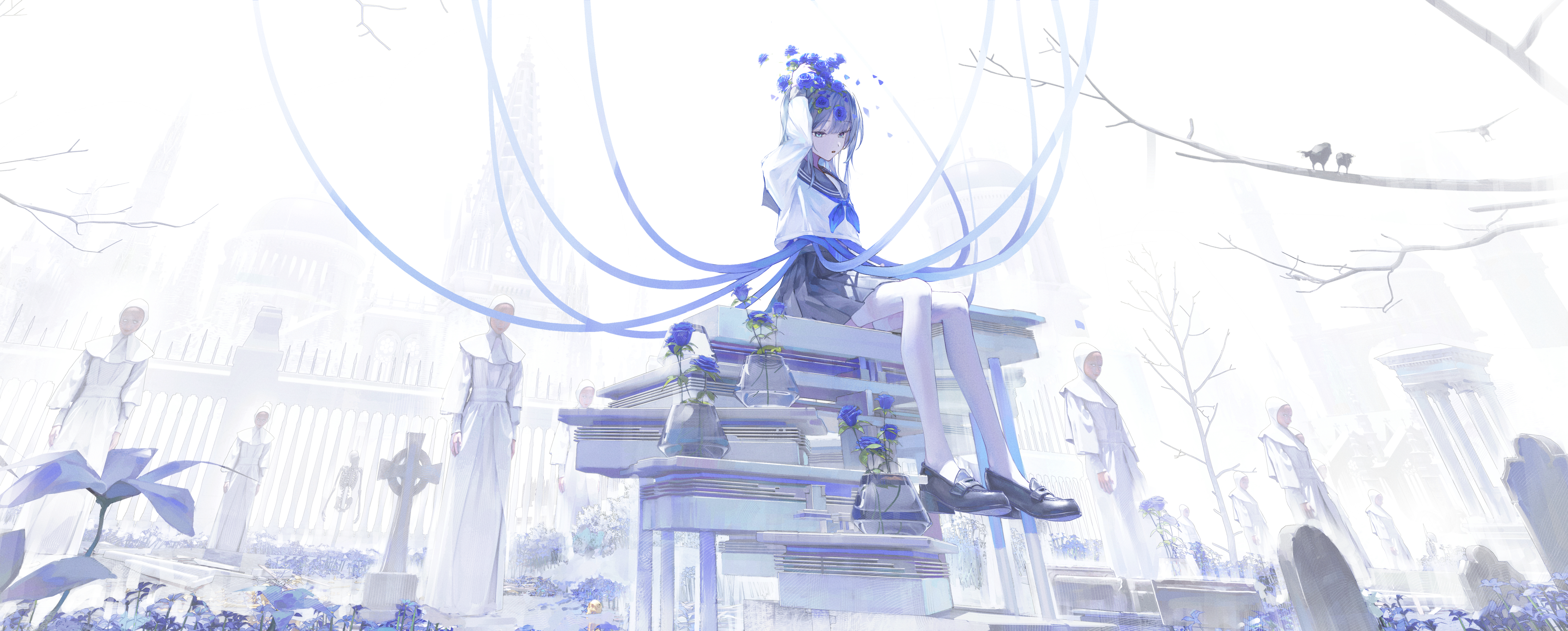 Anime girl in school uniform sitting in a graveyard HD Wallpaper