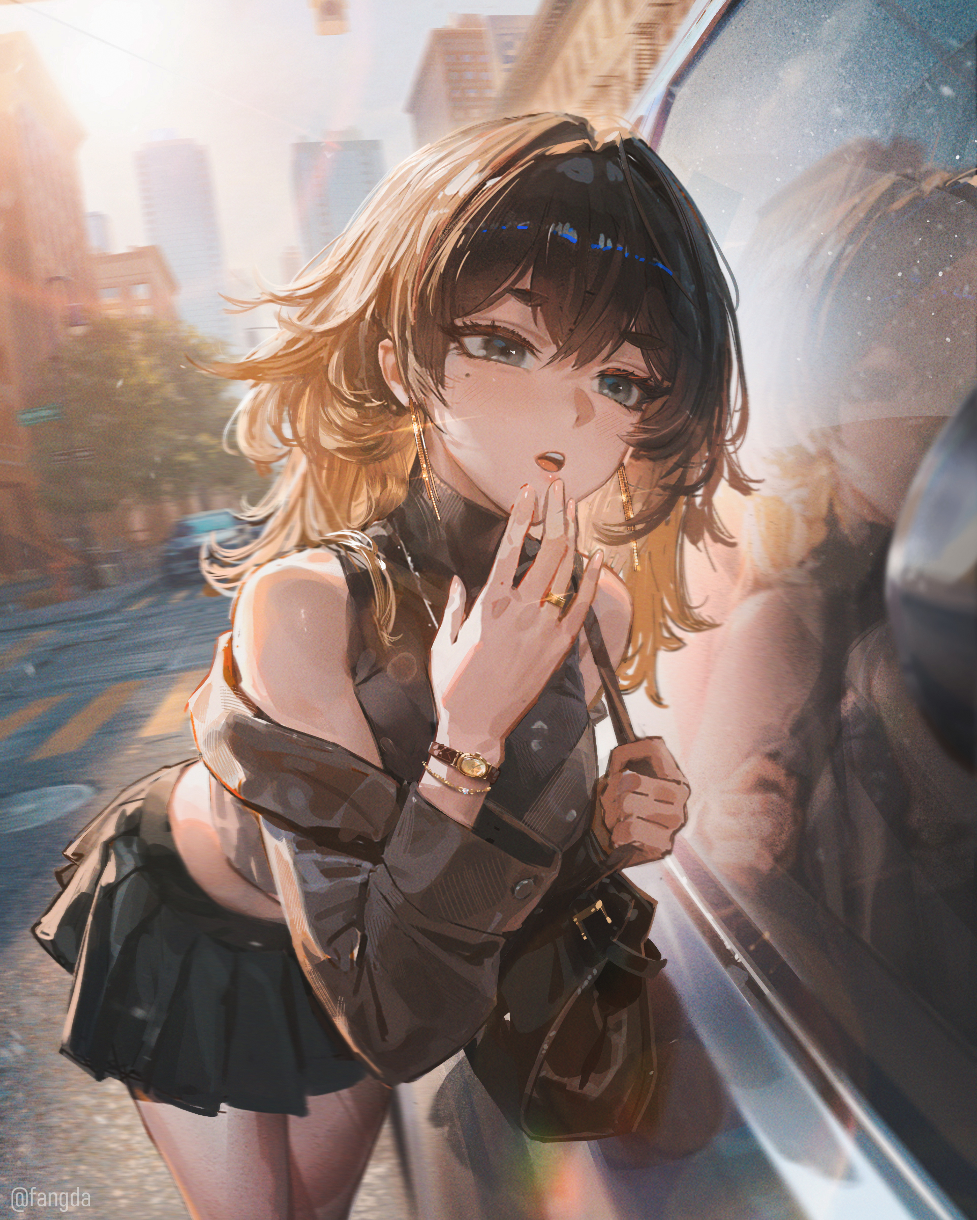 Anime girl in a skirt near a car in the city HD Wallpaper