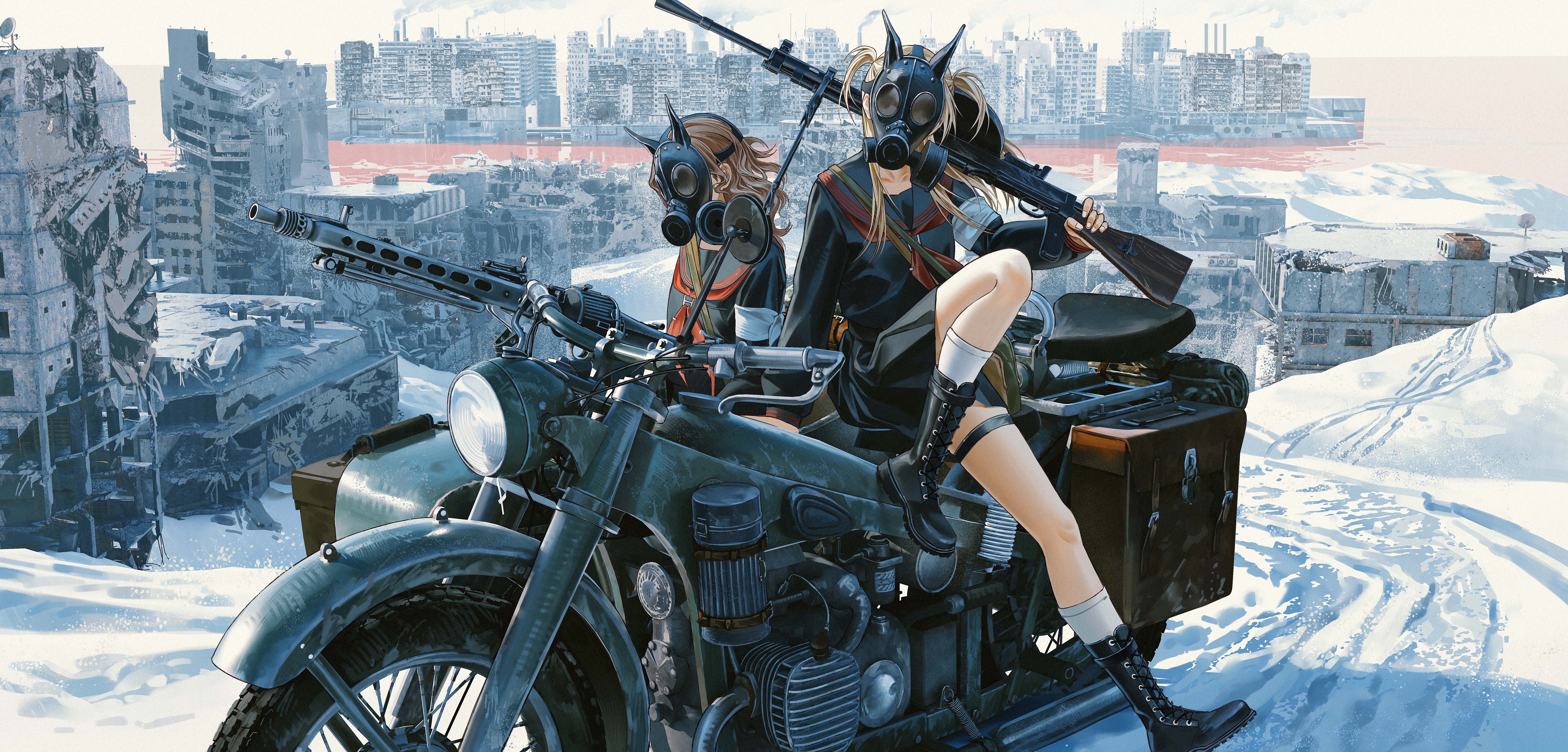 Anime girls with gas masks on a motorcycle in a ruined city HD Wallpaper