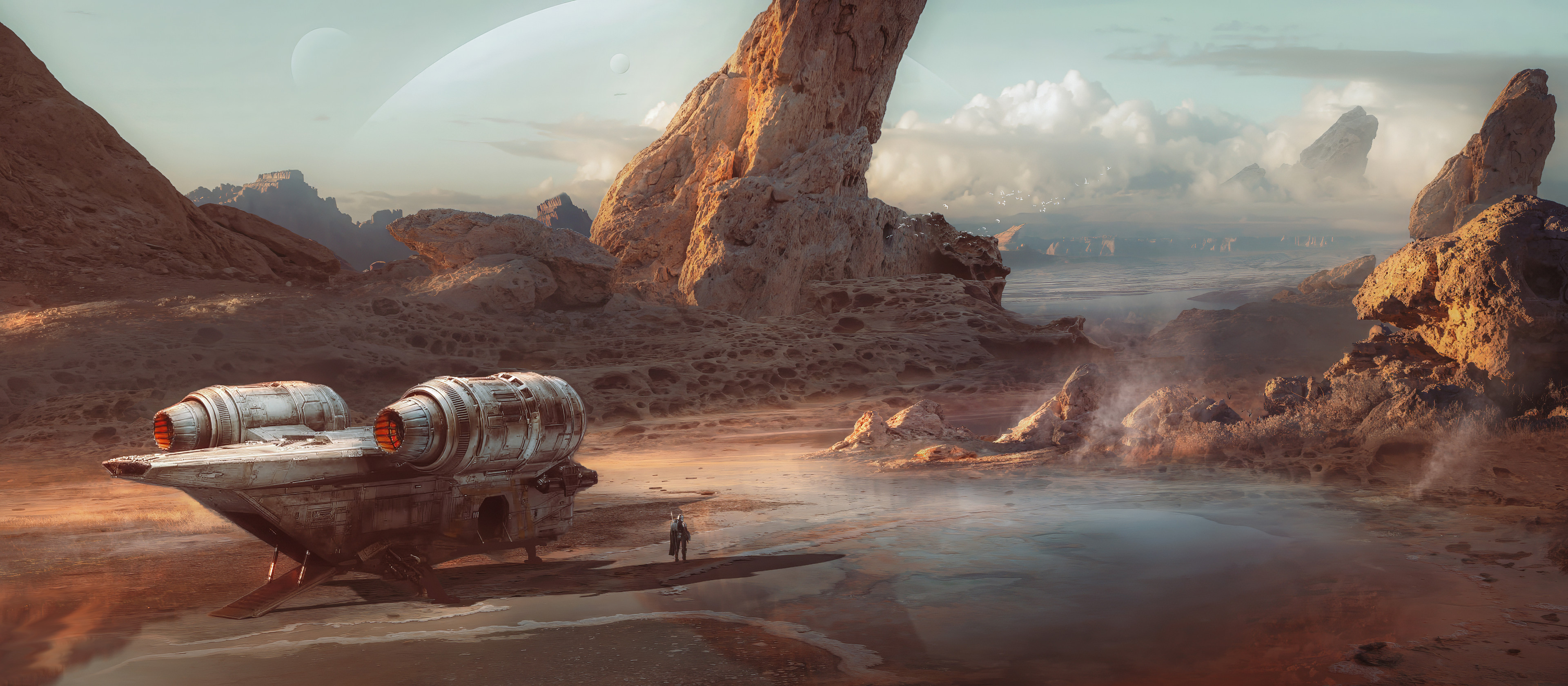 The Mandalorian's Razor Crest on a desert planet HD Wallpaper