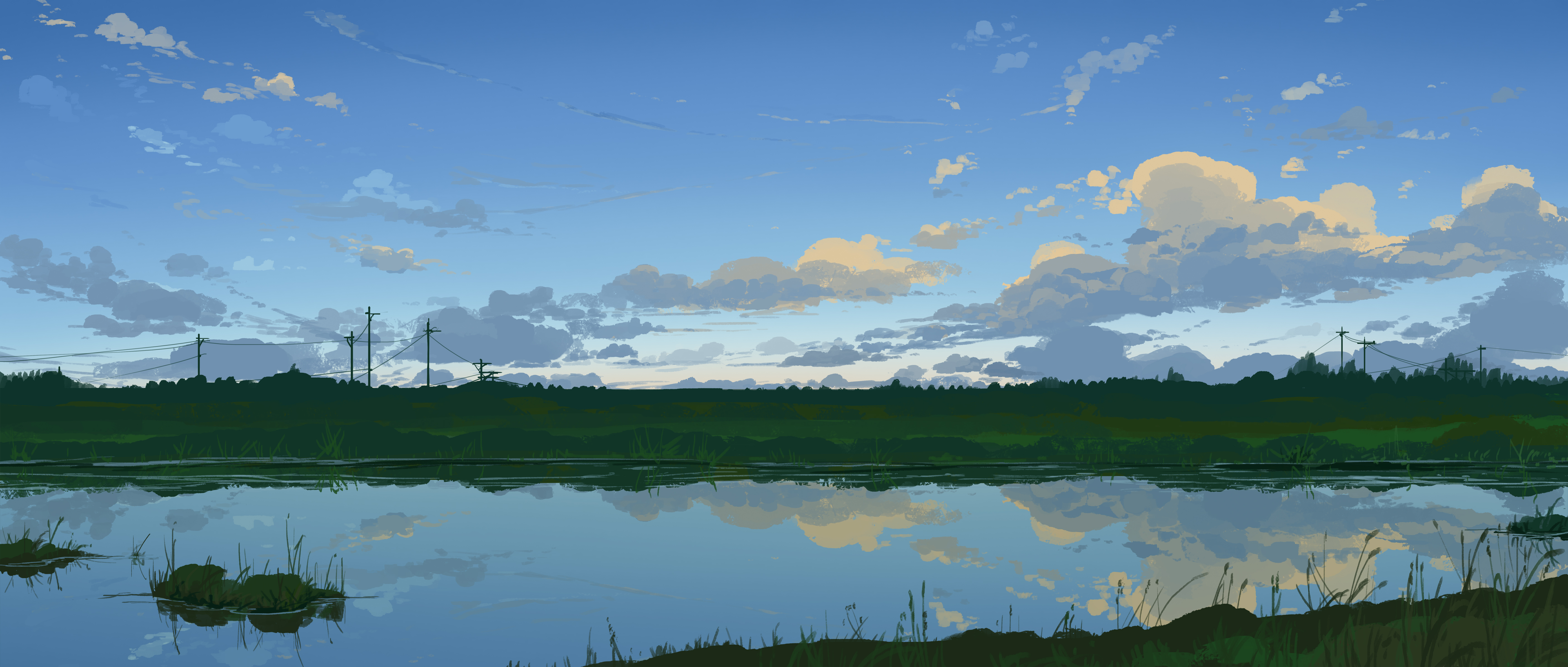 Anime landscape with clouds and reflection HD Wallpaper