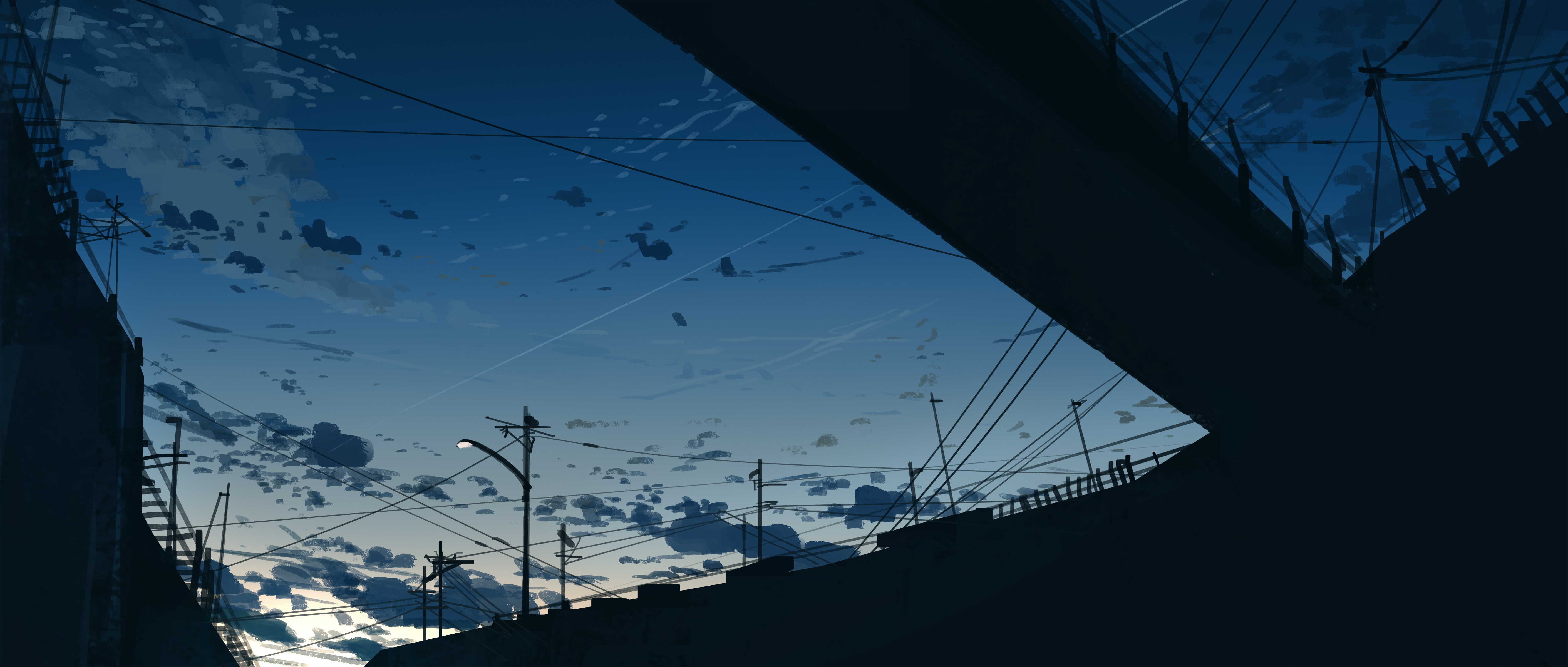 Anime cityscape with power lines and clouds HD Wallpaper