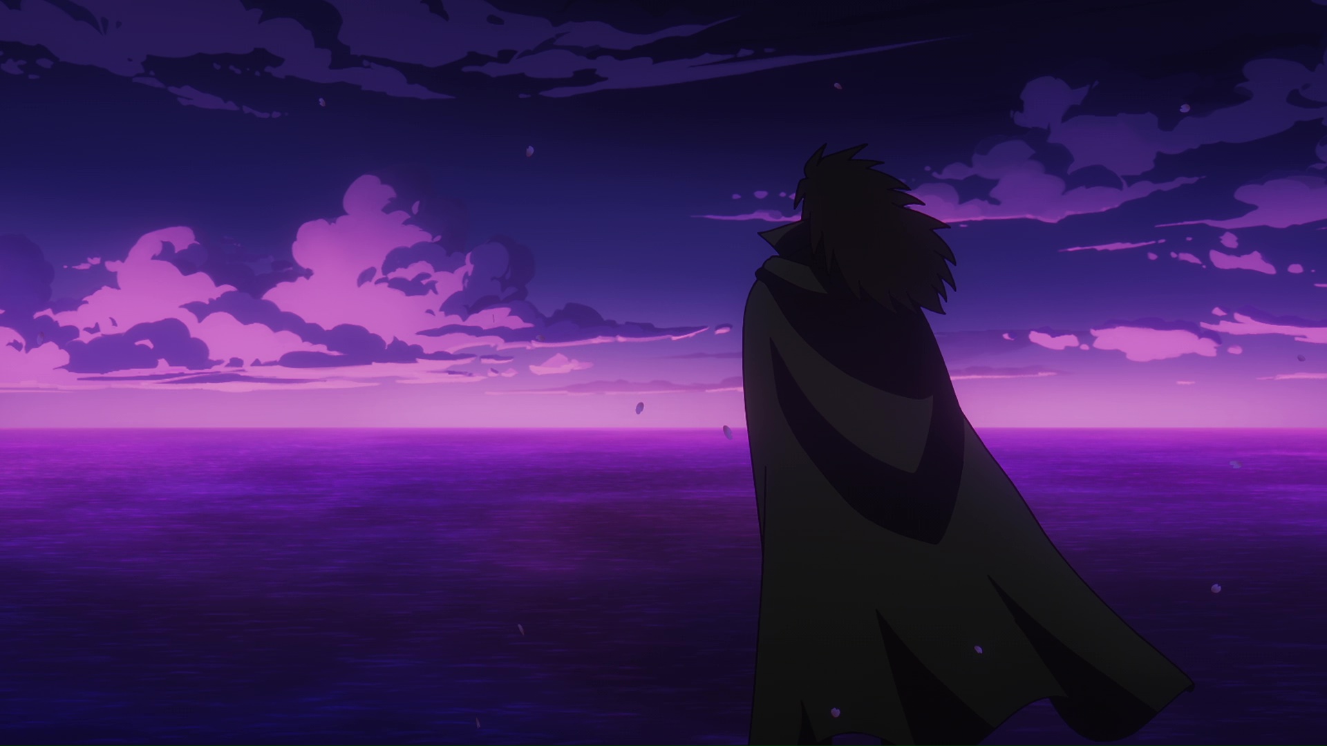 Man in Cape Overlooking Purple Ocean at Dusk HD Wallpaper