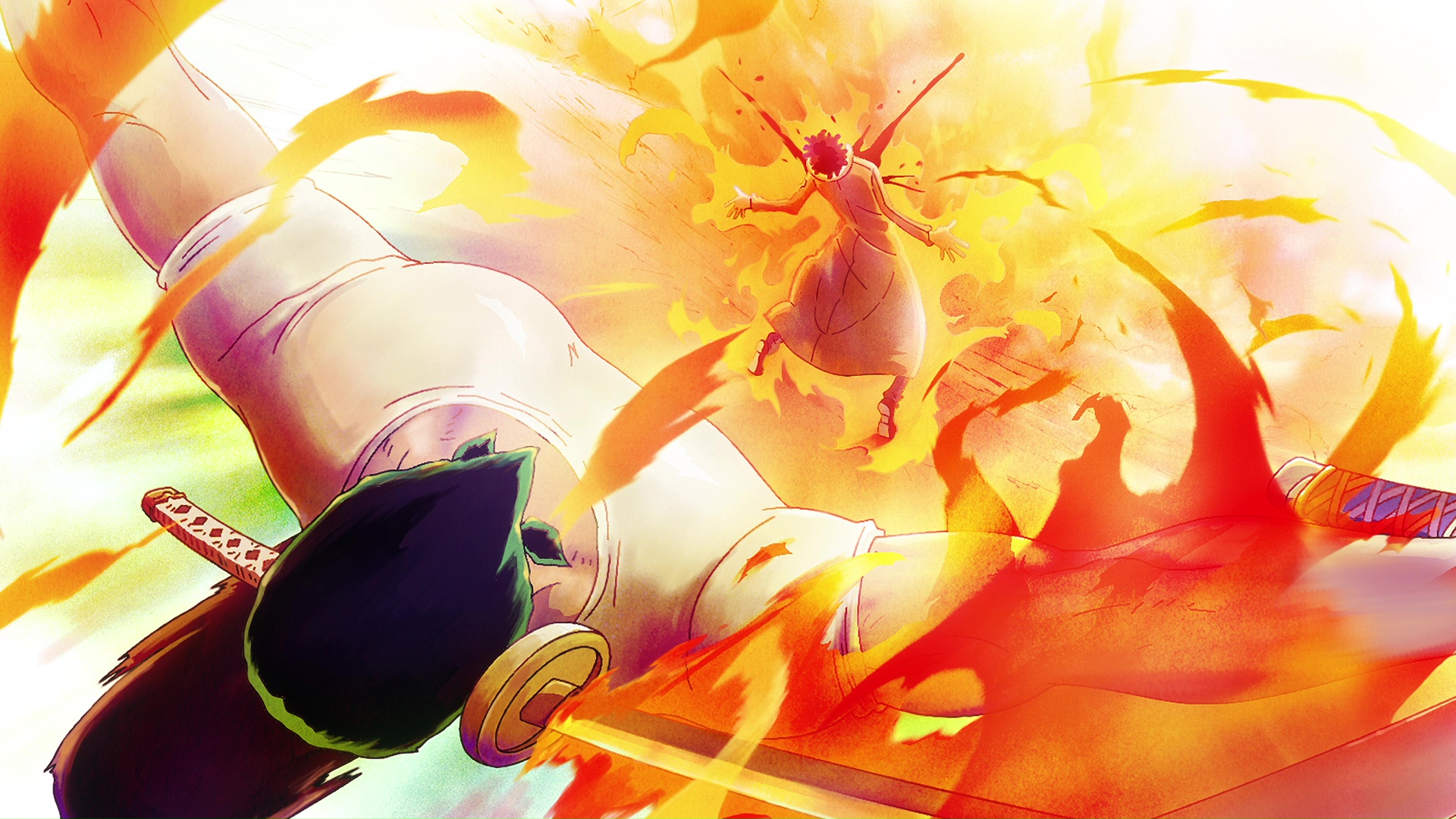 Anime characters in fiery battle HD Wallpaper