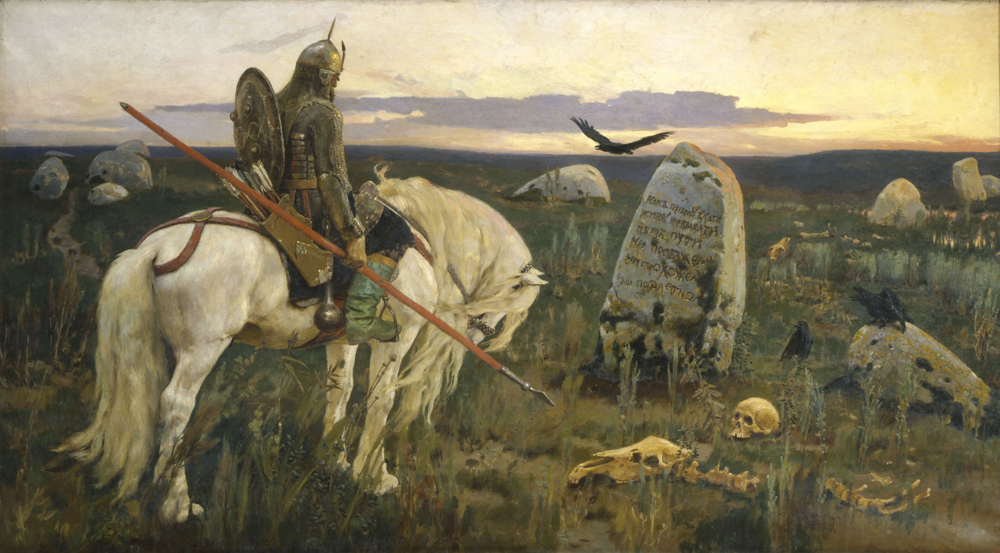 Knight on horseback at a crossroads with ancient stones HD Wallpaper