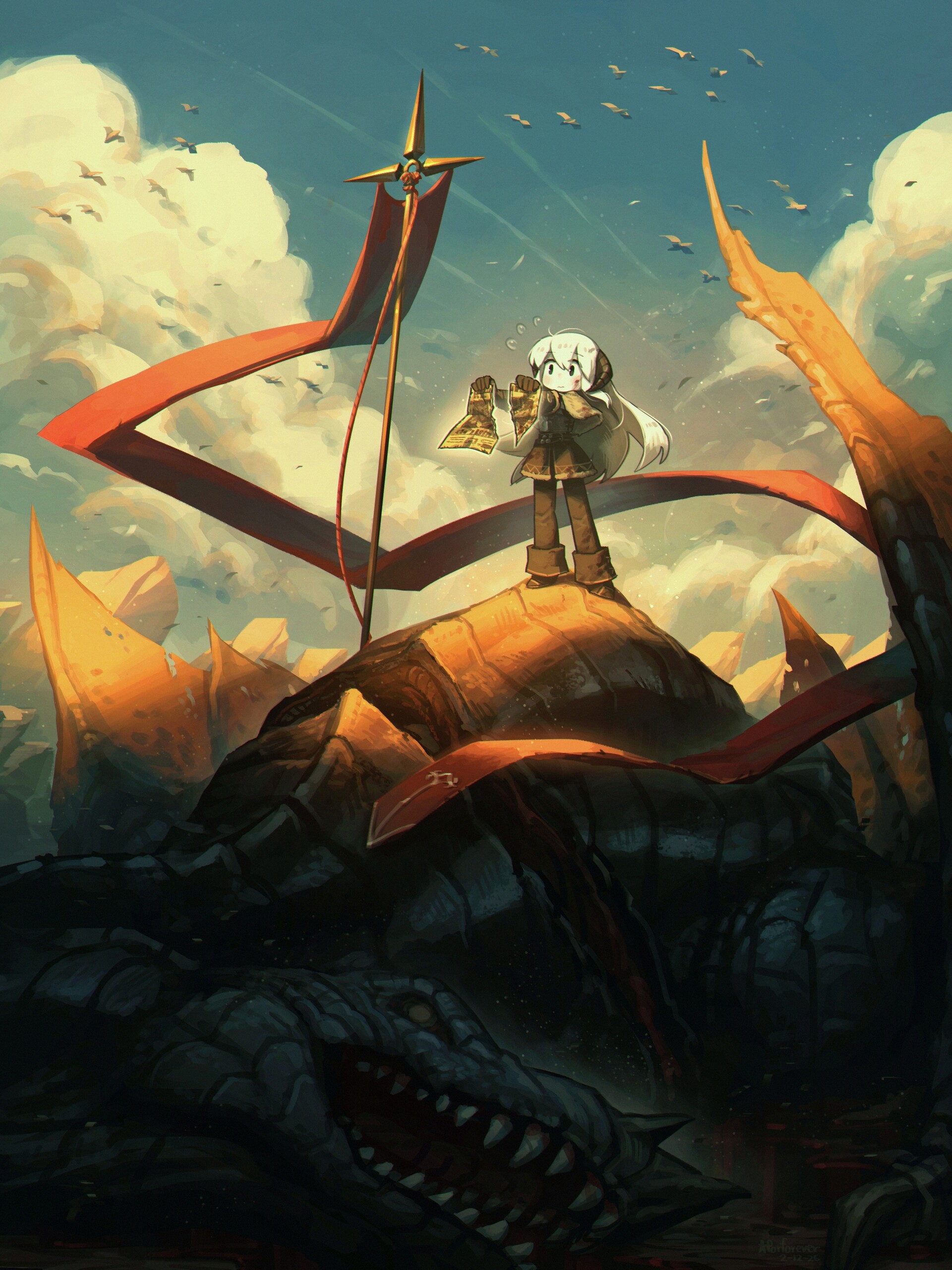 Anime girl with scroll on dragon's head HD Wallpaper