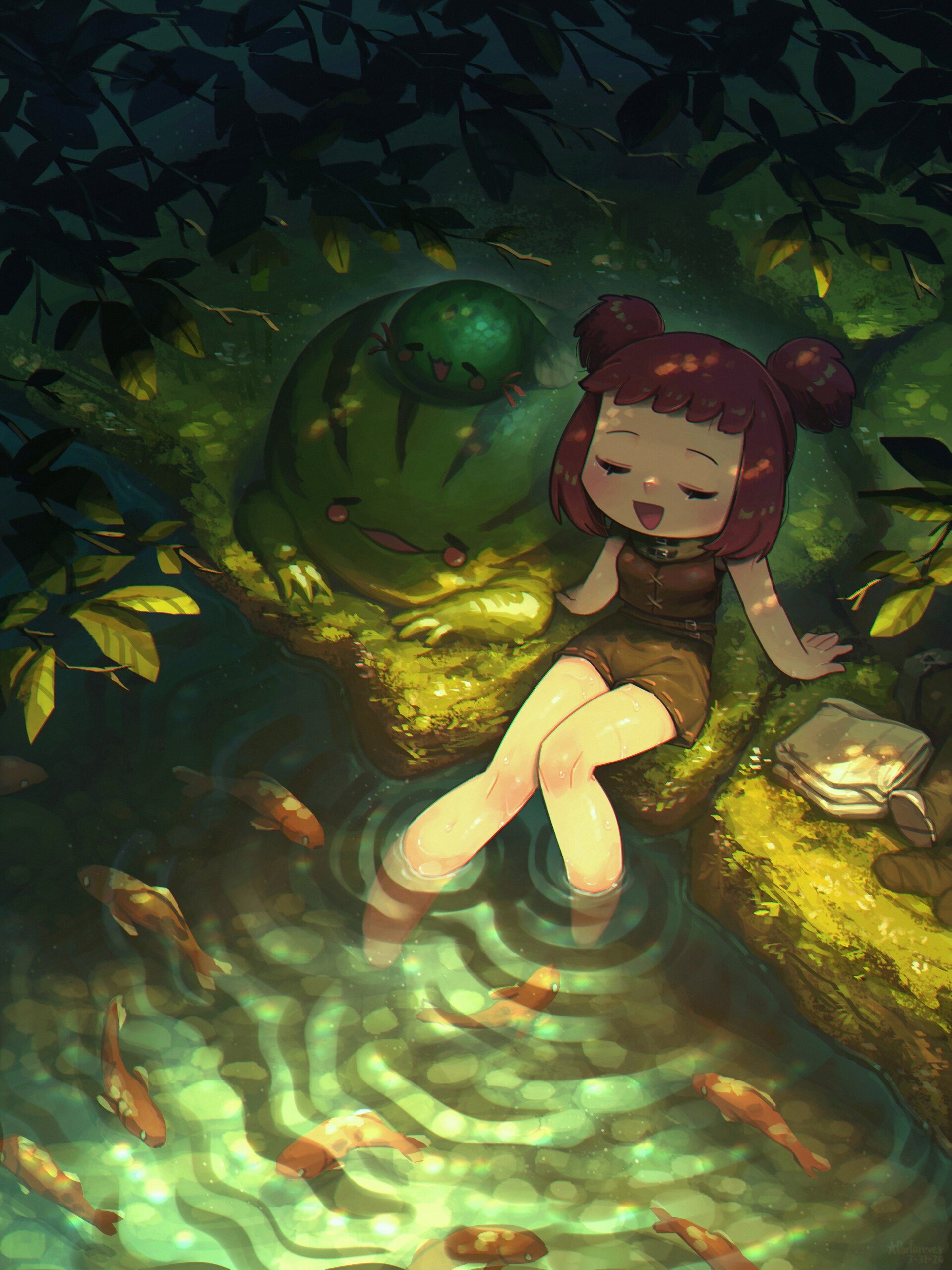 Girl and Frog by a Pond with Koi Fish HD Wallpaper