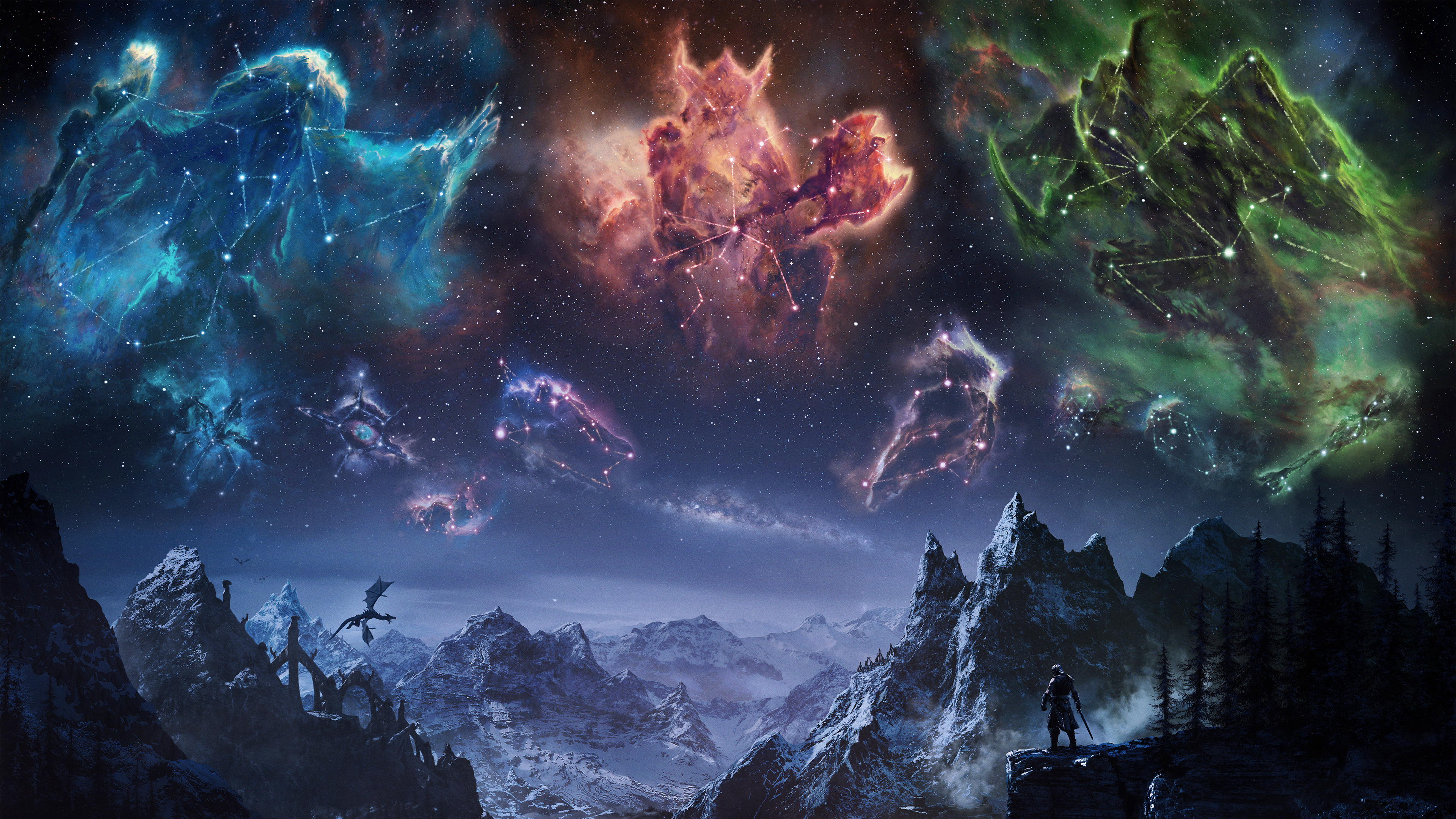 The Elder Scrolls Constellations Over Skyrim Landscape HD Wallpaper