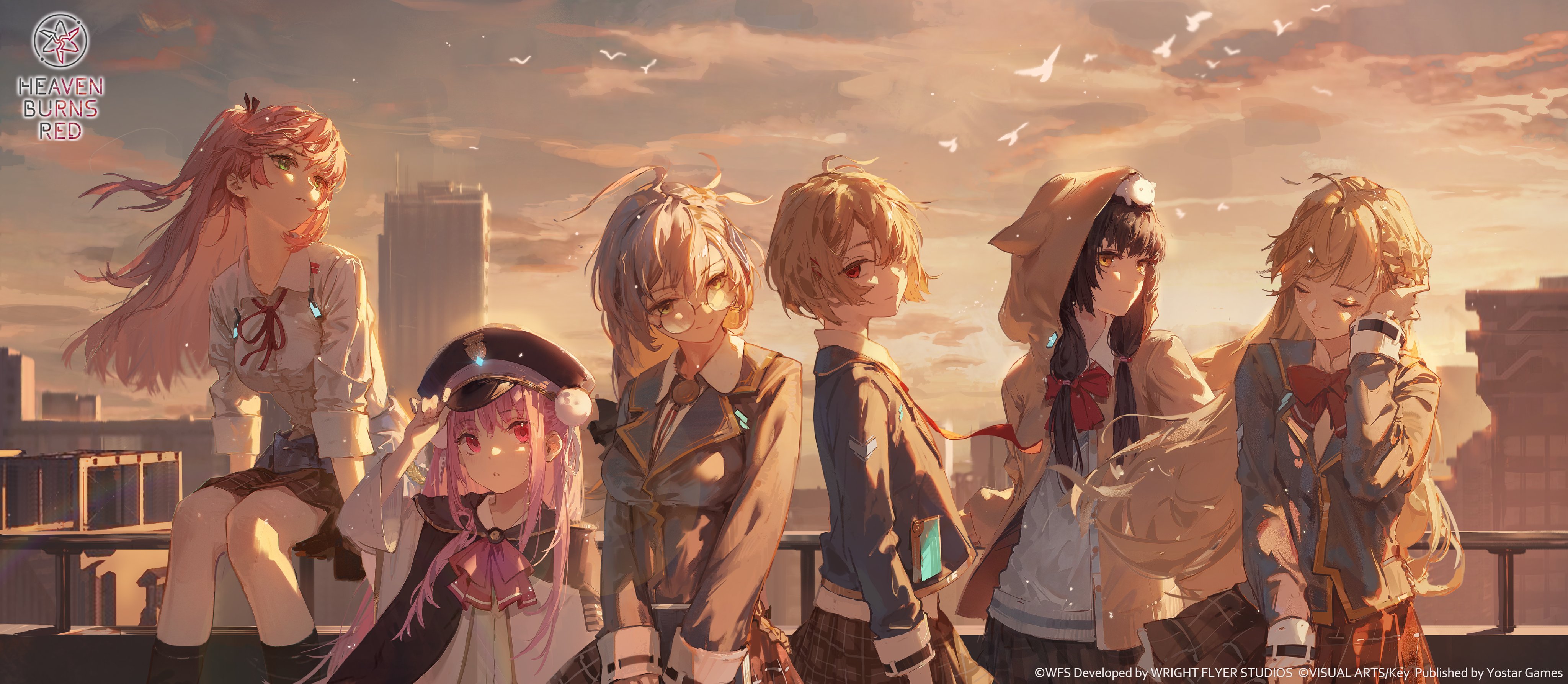 Heaven Burns Red characters on a rooftop at sunset HD Wallpaper