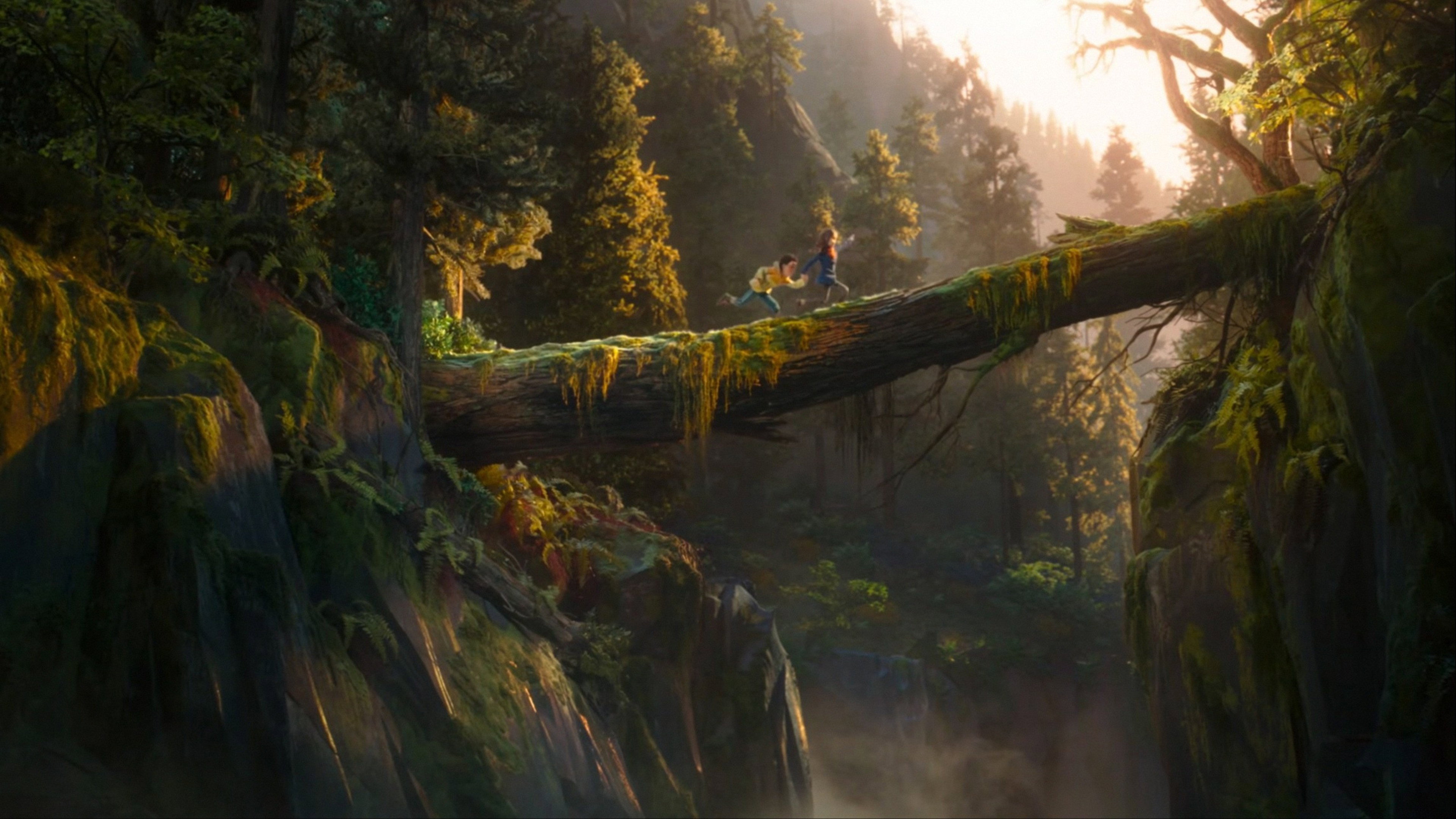Two children crossing a log bridge in a forest HD Wallpaper