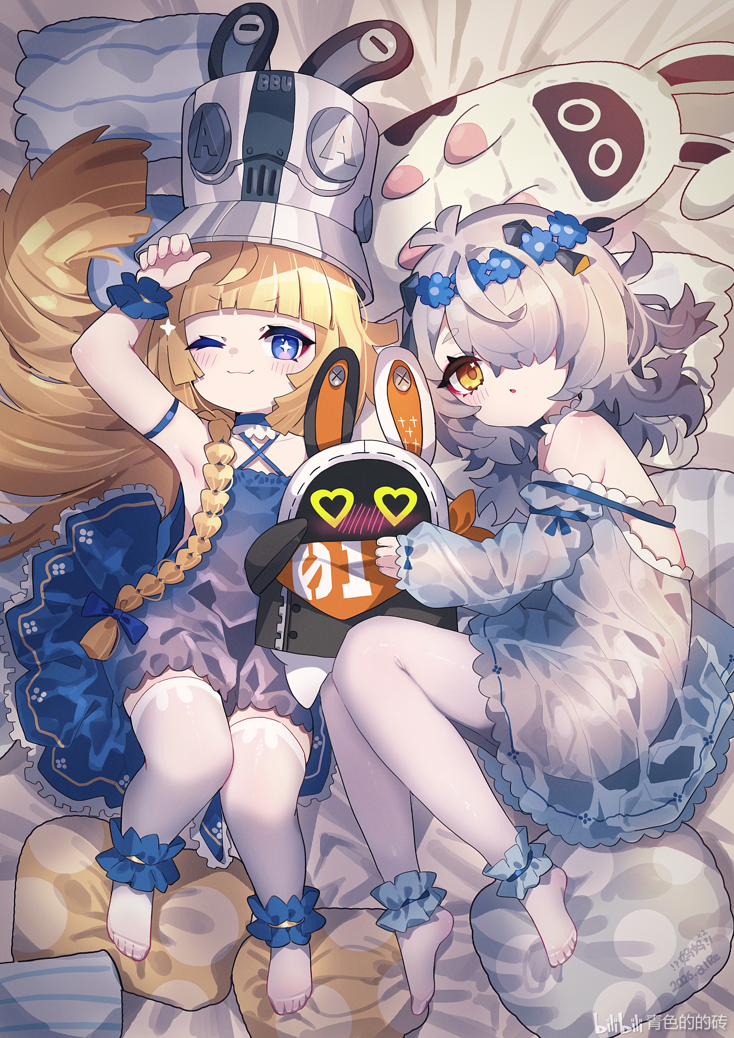 Two girls in bunny ears with a robot bunny plushie HD Wallpaper