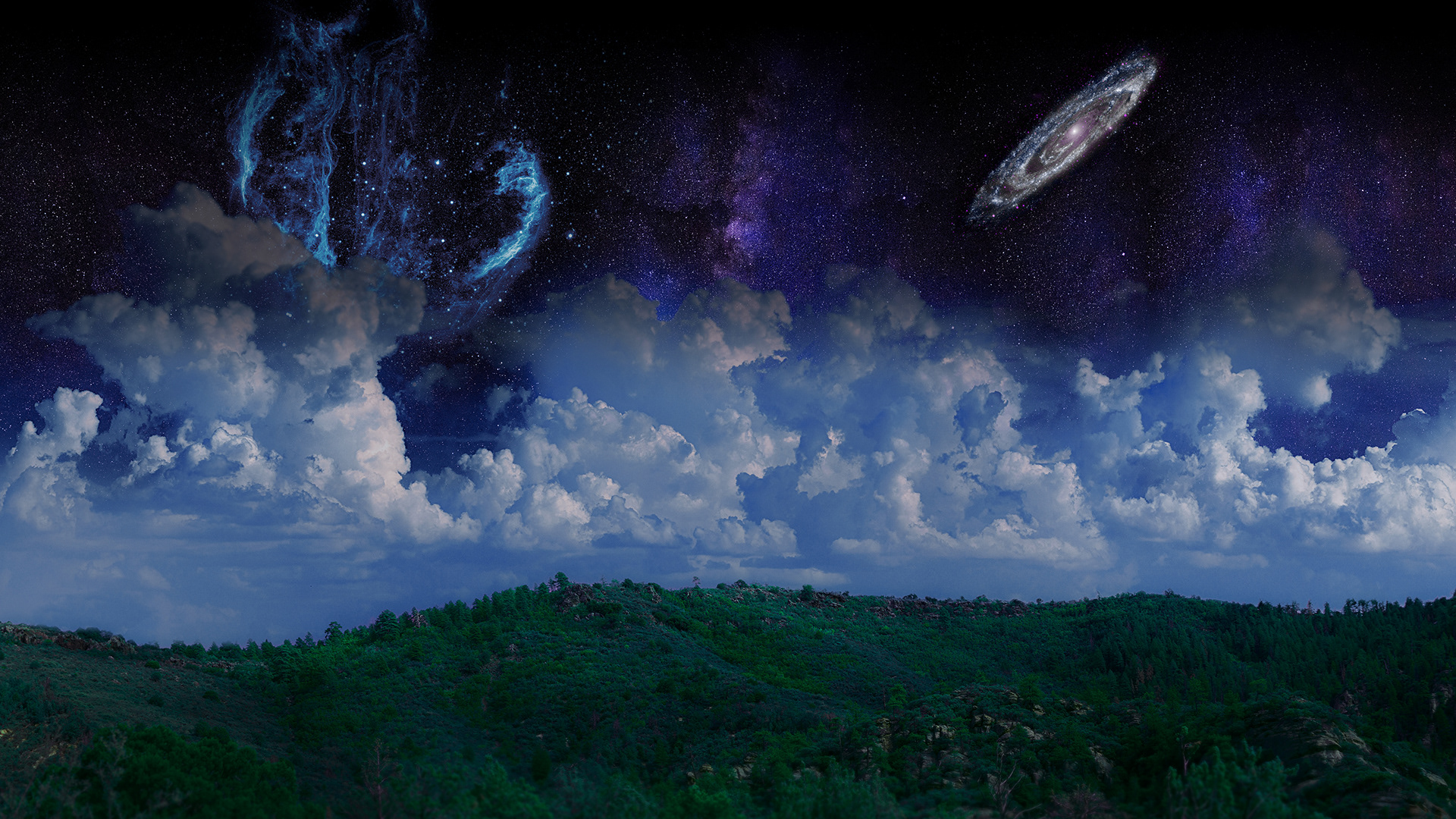 Cosmic landscape with galaxy and nebula over hills HD Wallpaper